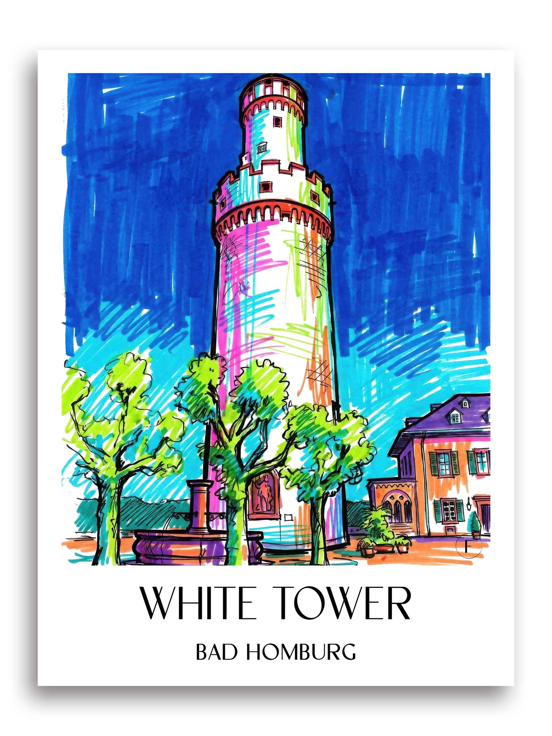 Weißer Turm Poster - Bad Homburg - Deutschland Kunstdruck - Tag Graffiti von A4 bis A1
