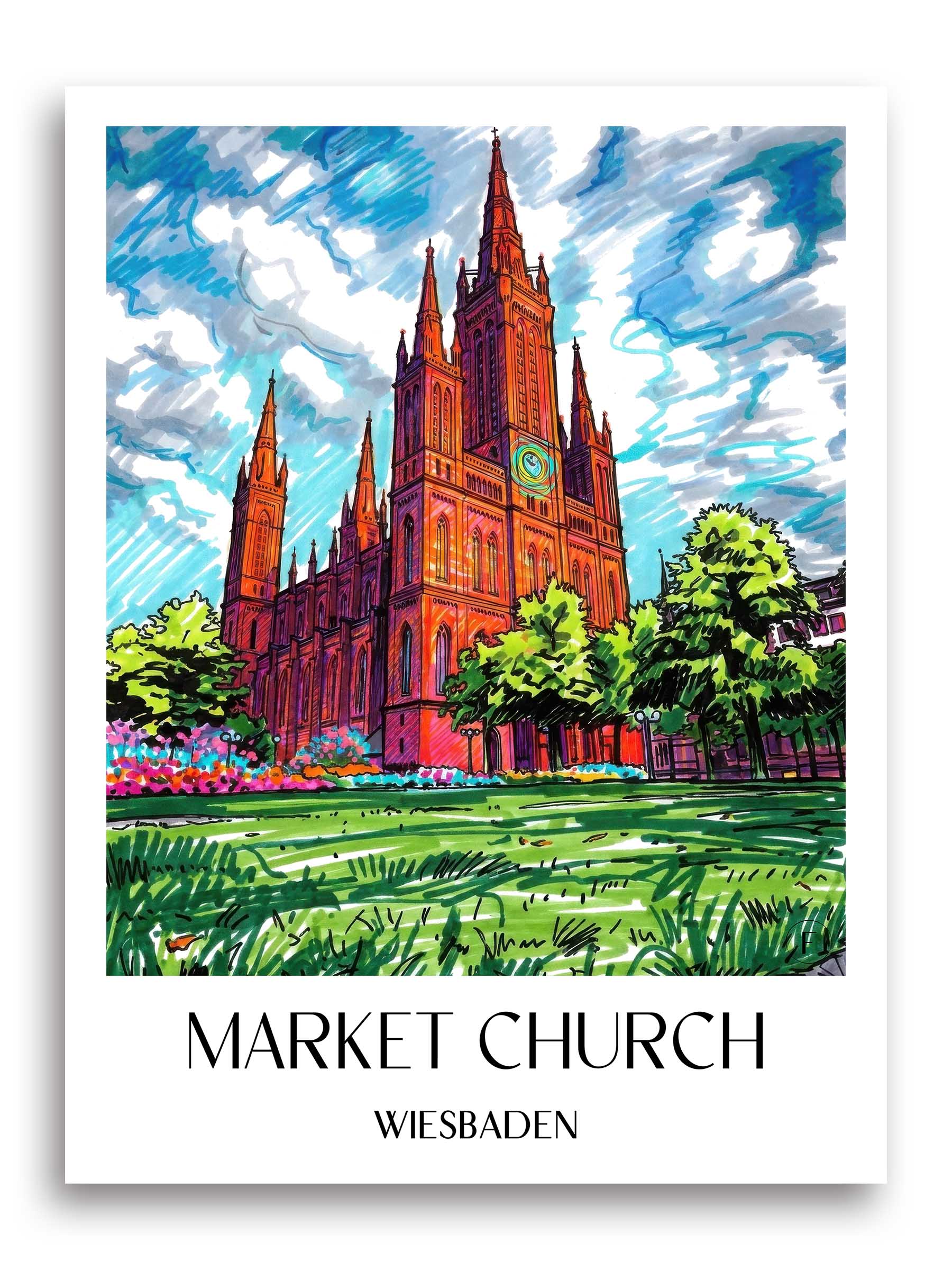 Marktkirche Poster - Wiesbaden - Deutschland Kunstdruck - Tag Graffiti von A4 bis A1