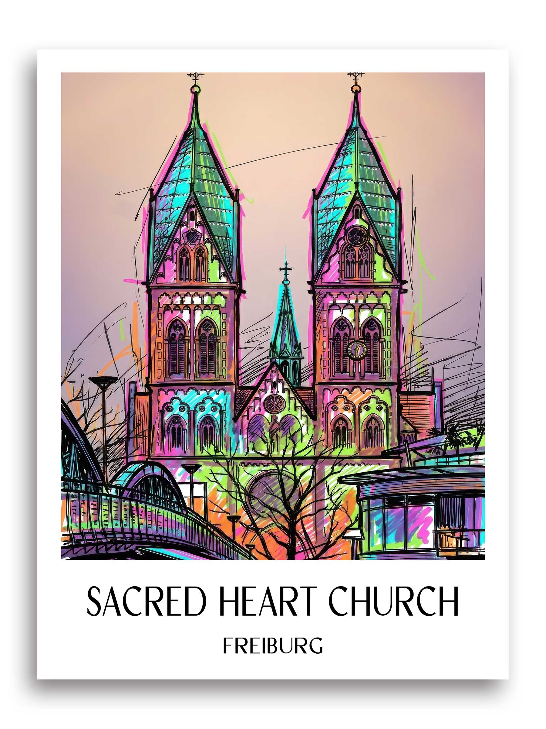 Herz-Jesu Kirche Poster - Freiburg - Deutschland Kunstdruck - Tag Graffiti von A4 bis A1