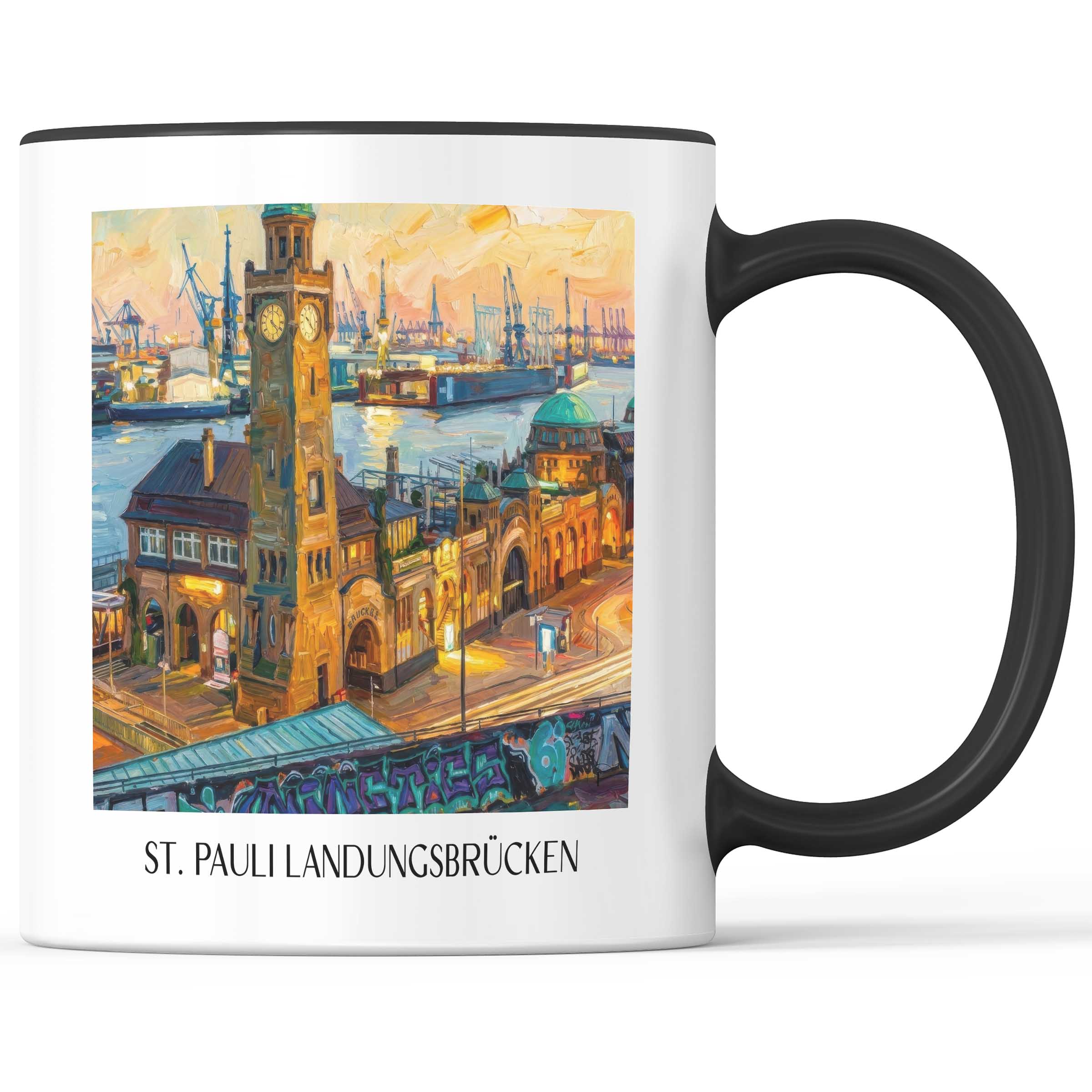 St. Pauli Landungsbrücken Kaffeebecher - Hamburg - Deutschland Becher - Kaffeetasse im Ölgemälde Stil