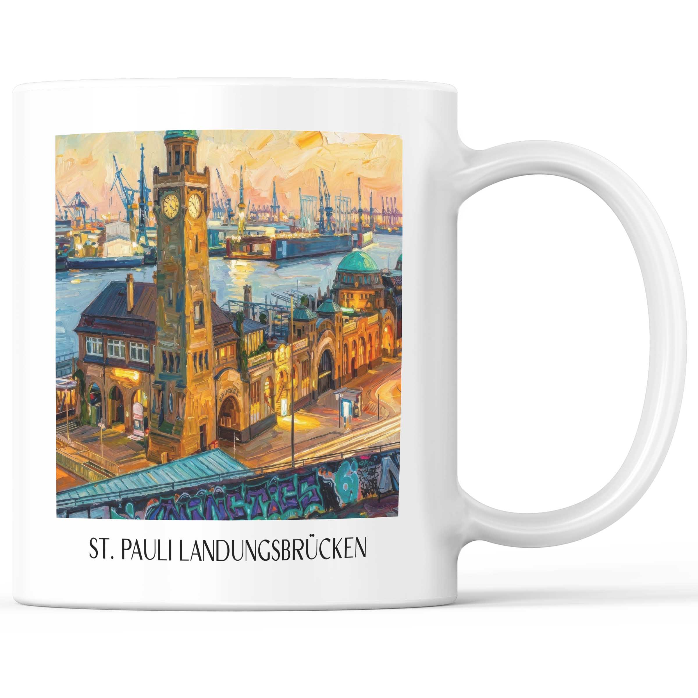 St. Pauli Landungsbrücken Kaffeebecher - Hamburg - Deutschland Becher - Kaffeetasse im Ölgemälde Stil