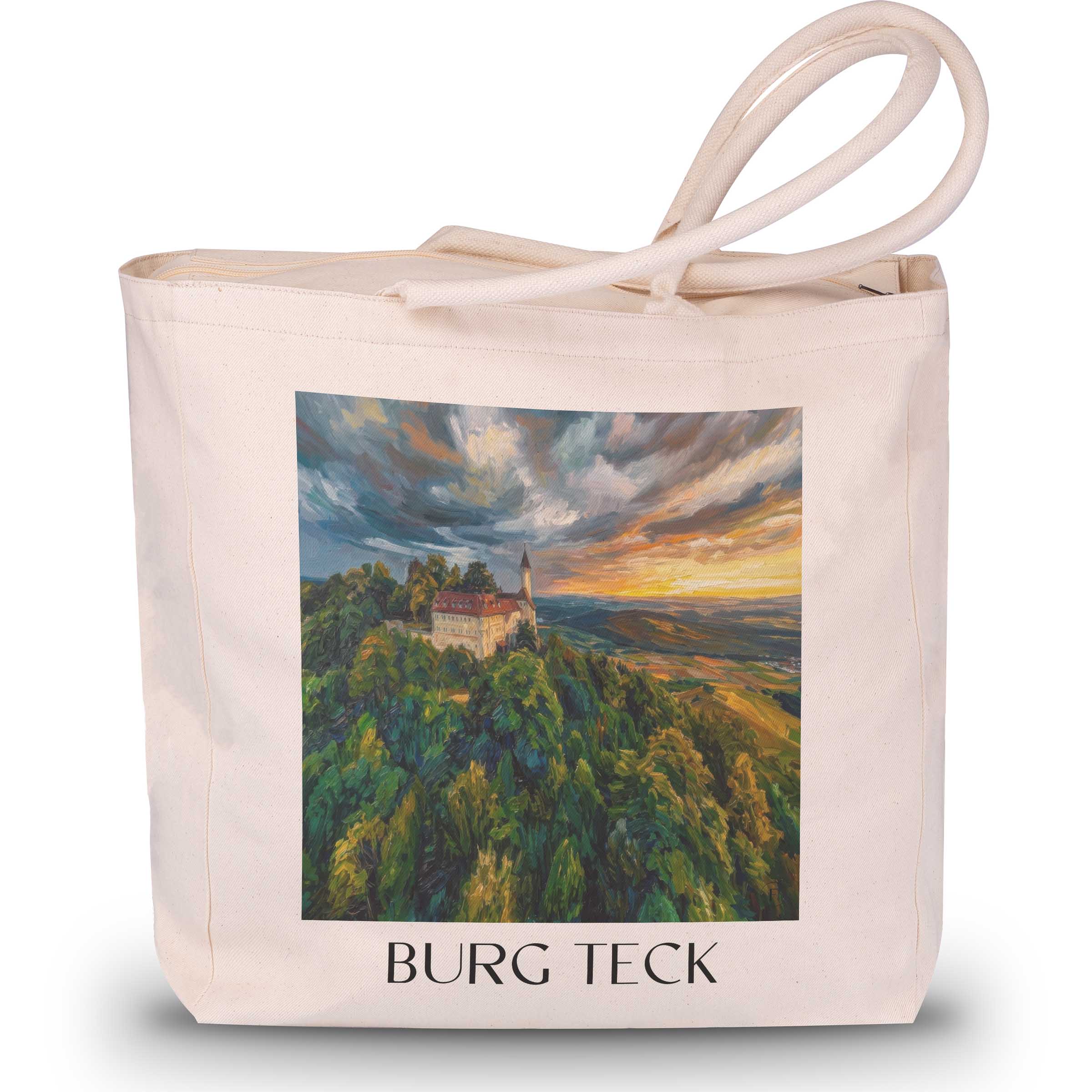 burg-teck-schwäbische-alb-deutschland-einkaufstasche-oil-painting-oelgemaelde
