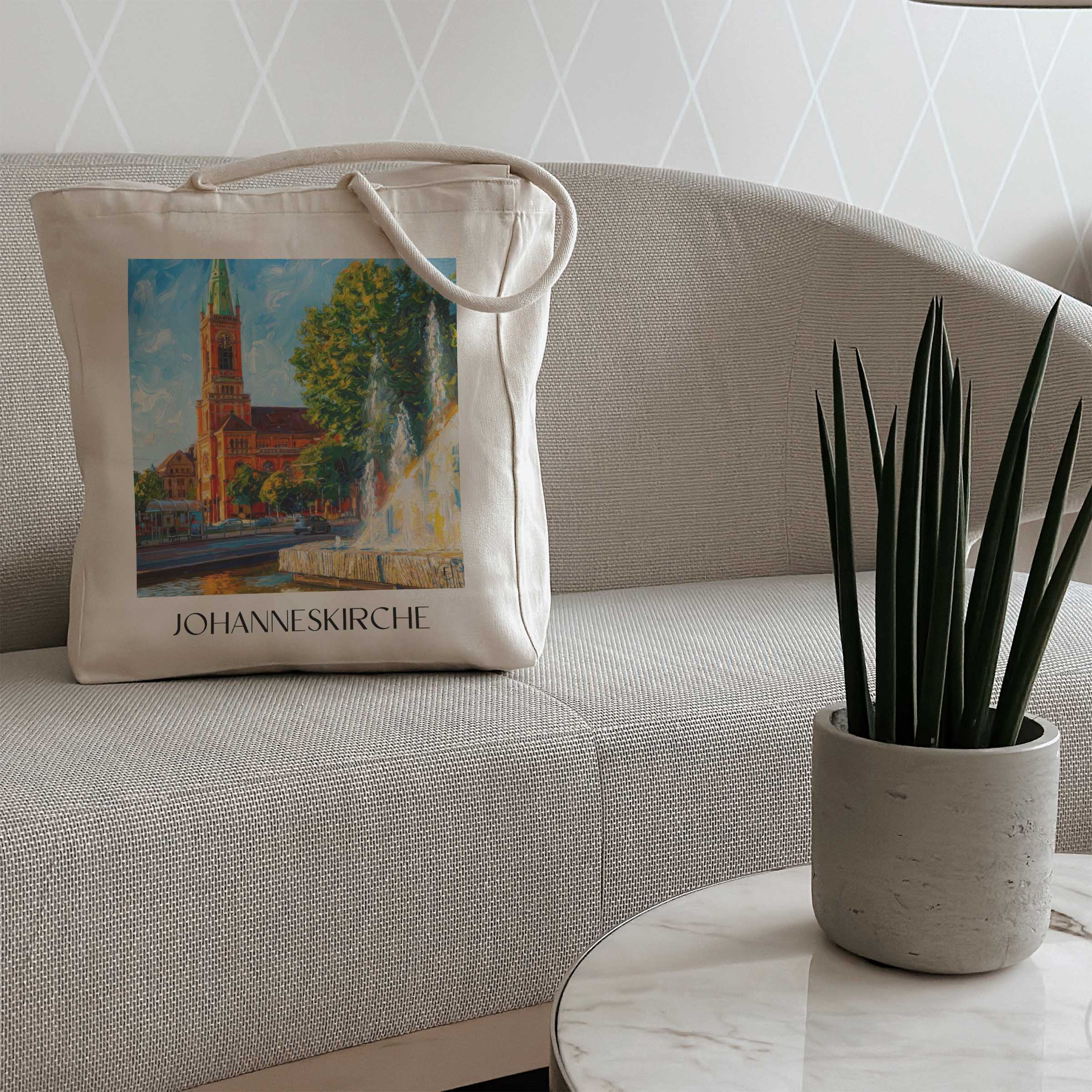 johanneskirche-düsseldorf-deutschland-einkaufstasche-oil-painting-oelgemaelde