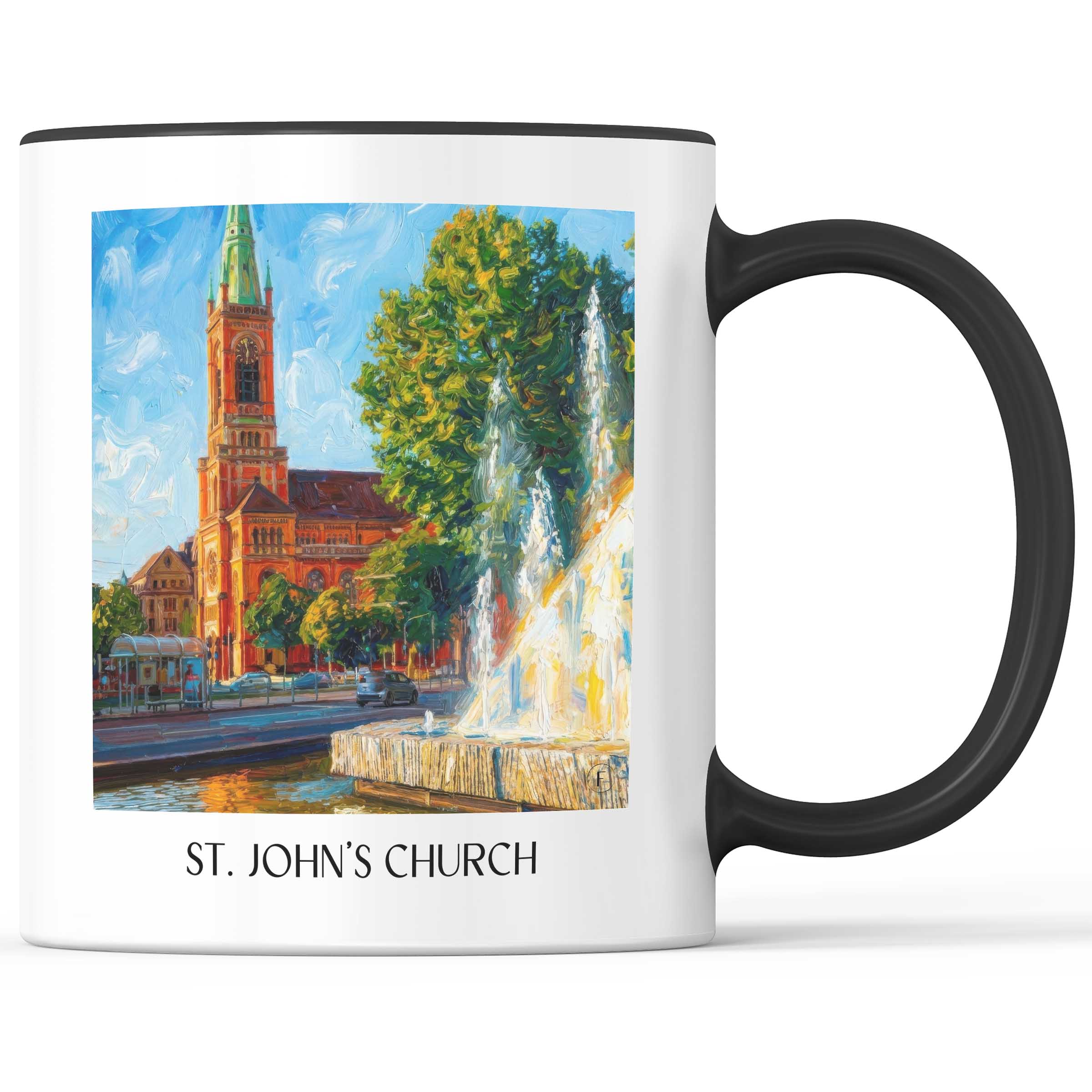 Johanneskirche Kaffeebecher - Düsseldorf - Deutschland Becher - Kaffeetasse im Ölgemälde Stil