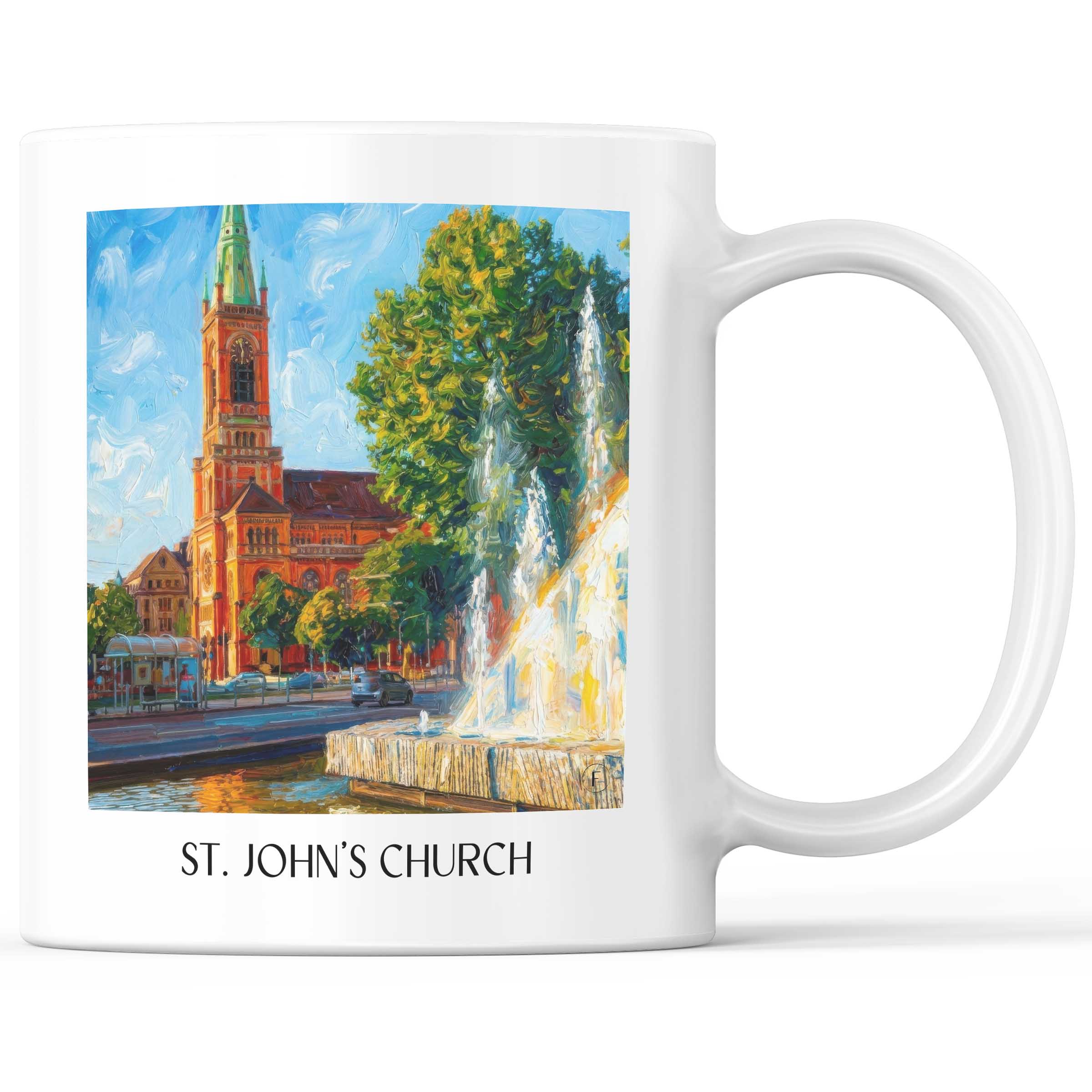 Johanneskirche Kaffeebecher - Düsseldorf - Deutschland Becher - Kaffeetasse im Ölgemälde Stil