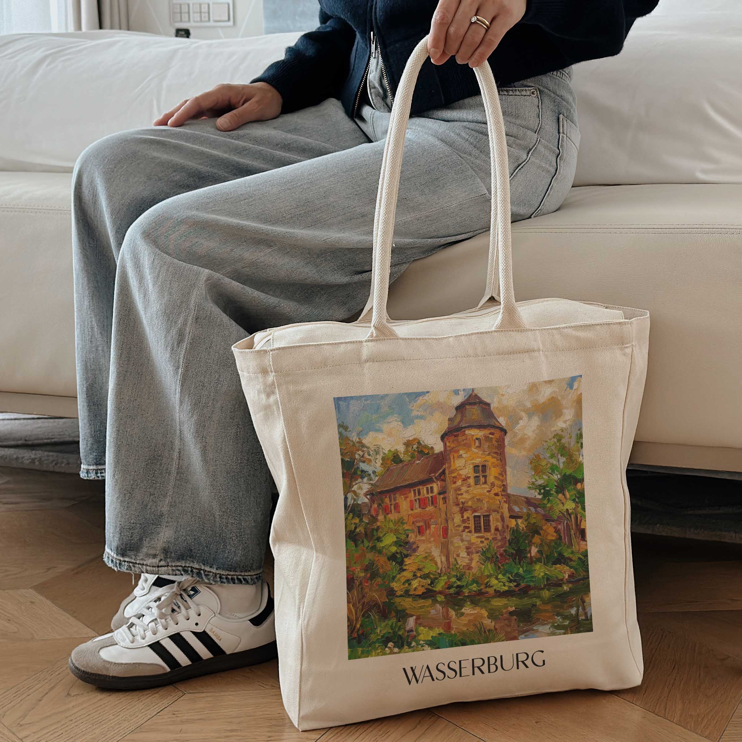 wasserburg--ratingen-deutschland-einkaufstasche-oil-painting-oelgemaelde