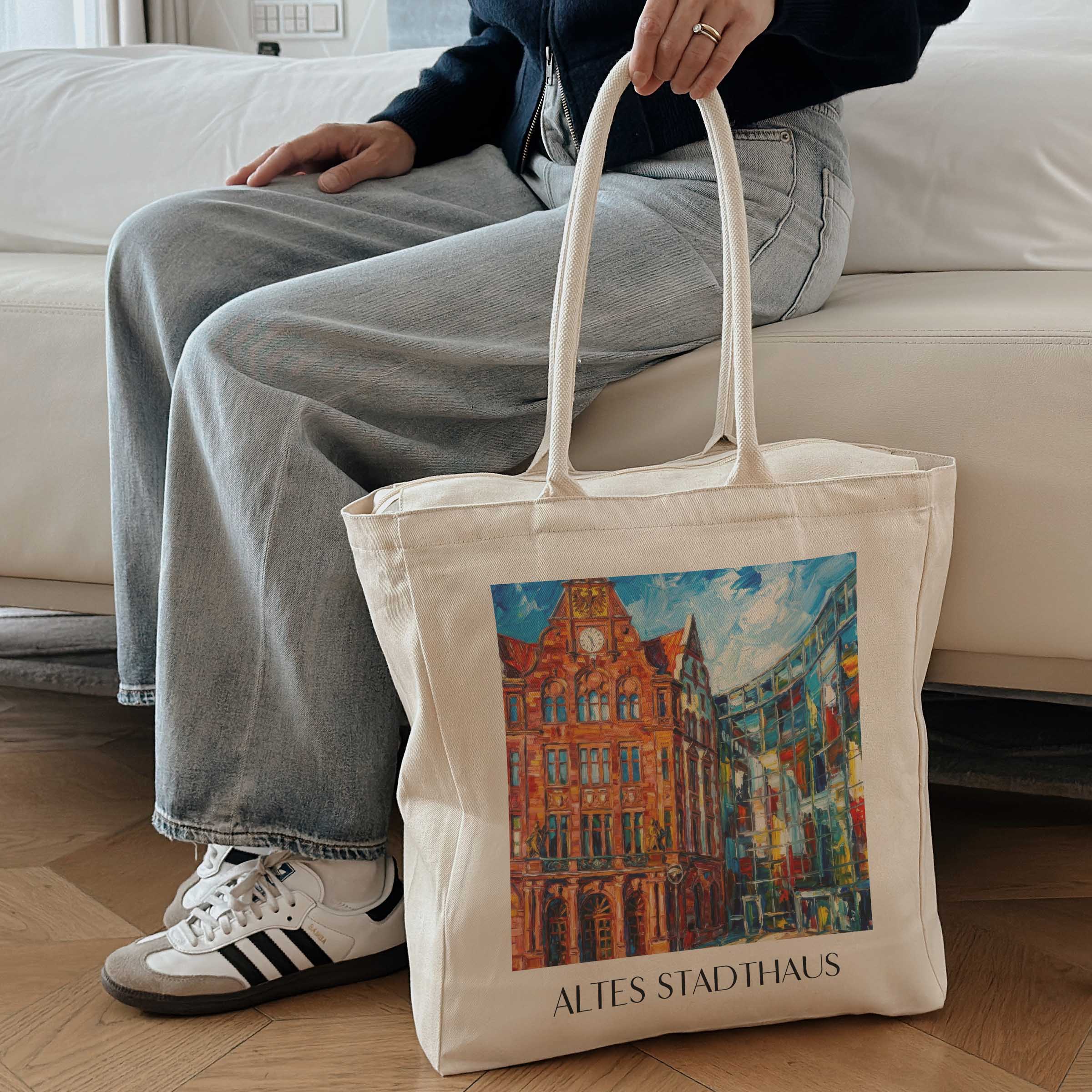 altes-stadthaus-dortmund-deutschland-einkaufstasche-oil-painting-oelgemaelde