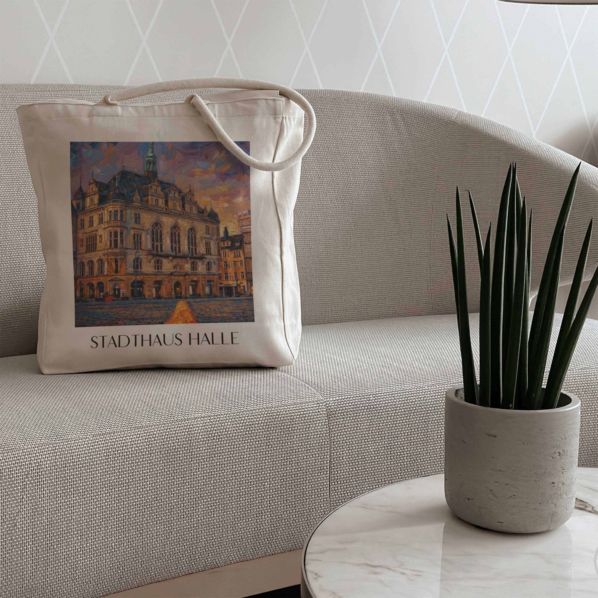 stadthaus-halle-deutschland-einkaufstasche-oil-painting-oelgemaelde