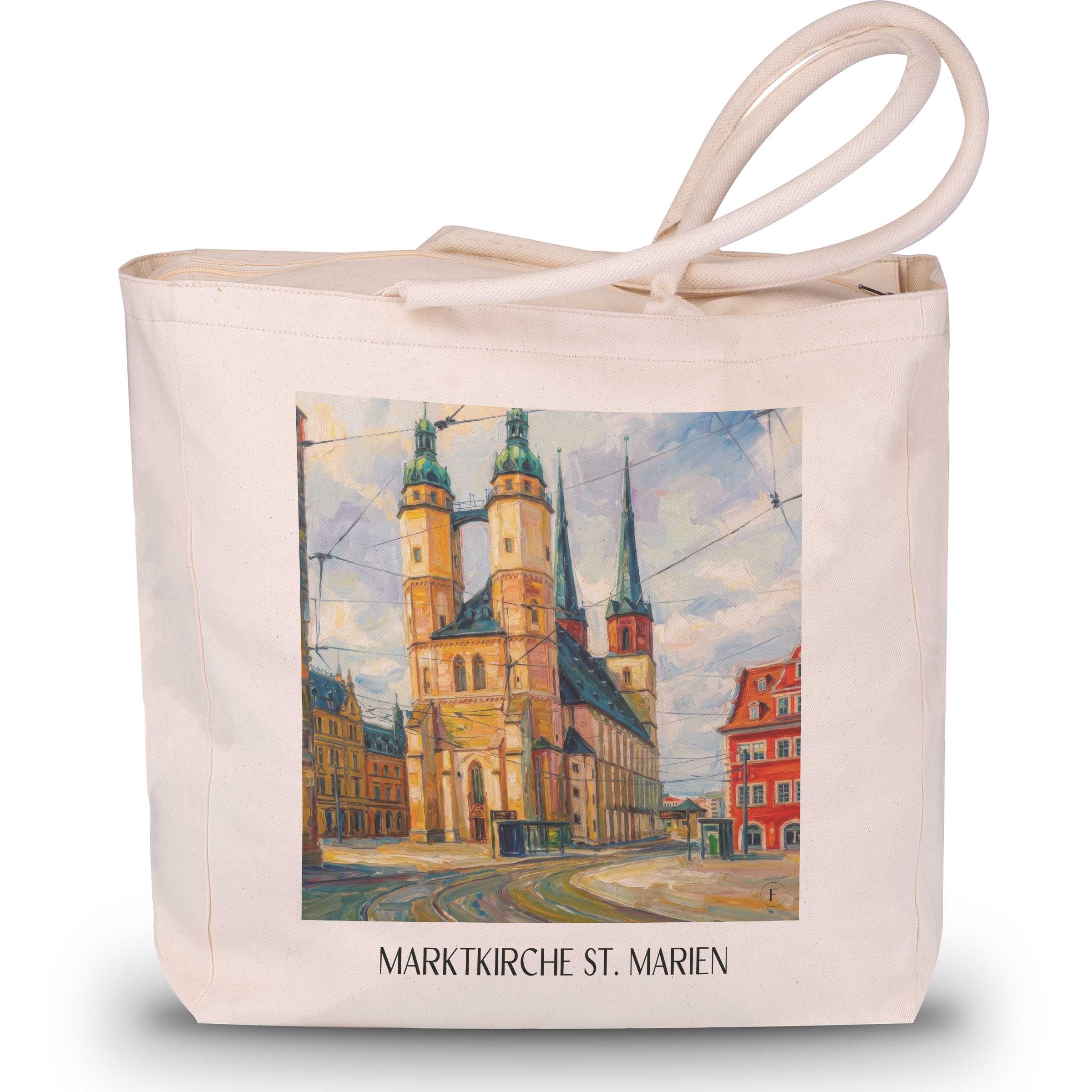 marktkirche-st.-marien-halle-deutschland-einkaufstasche-oil-painting-oelgemaelde