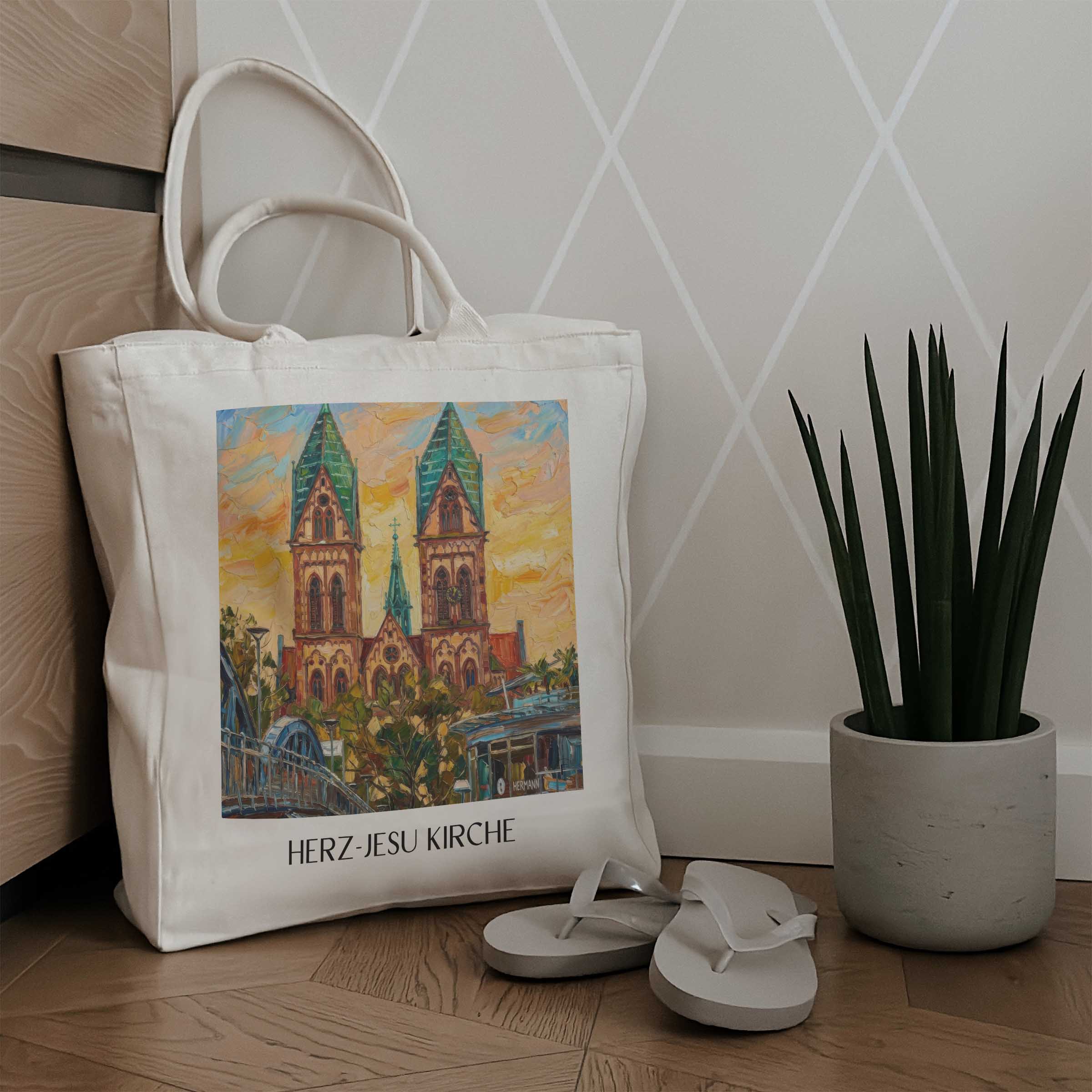 herz-jesu-kirche-freiburg-deutschland-einkaufstasche-oil-painting-oelgemaelde