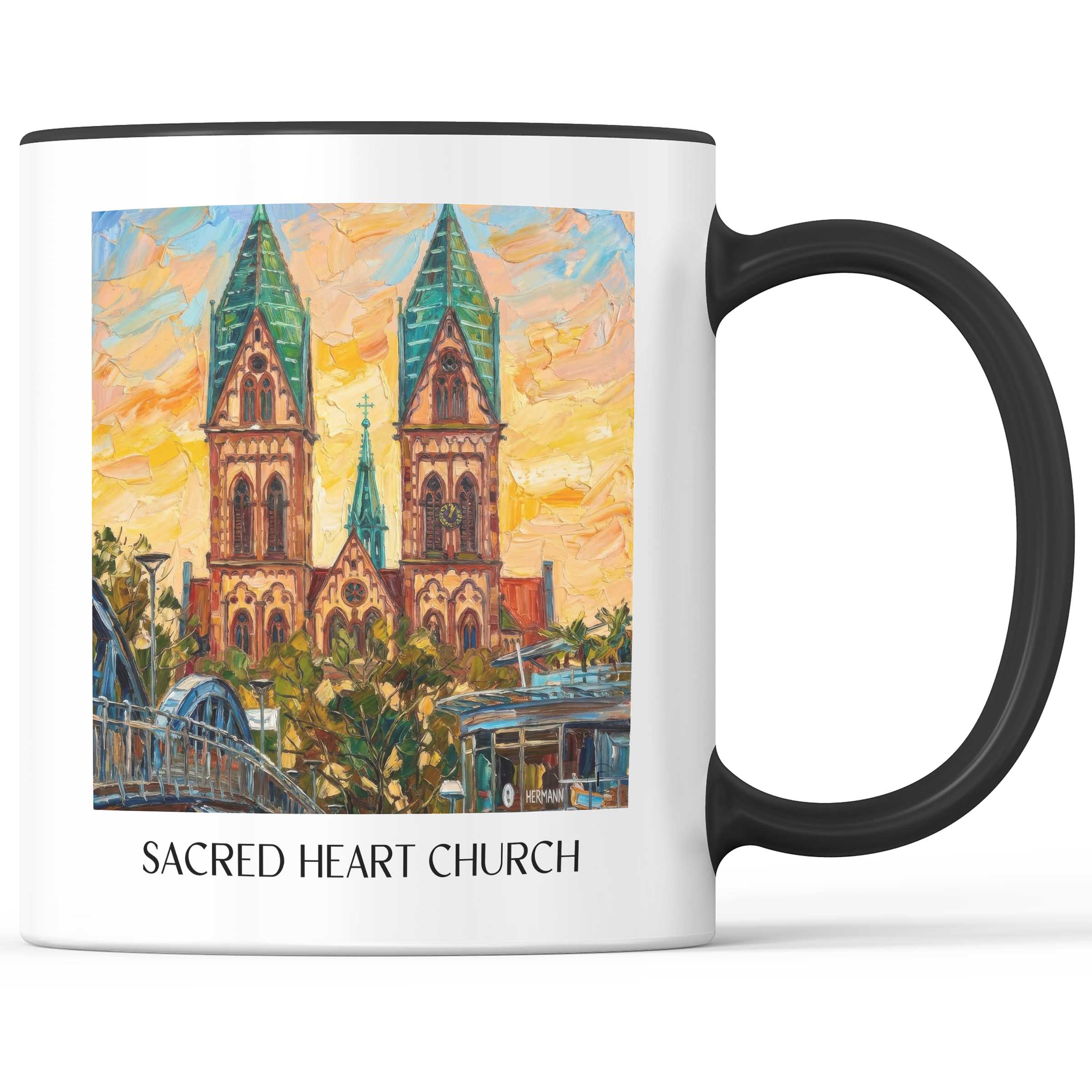 Herz-Jesu Kirche Kaffeebecher - Freiburg - Deutschland Becher - Kaffeetasse im Ölgemälde Stil