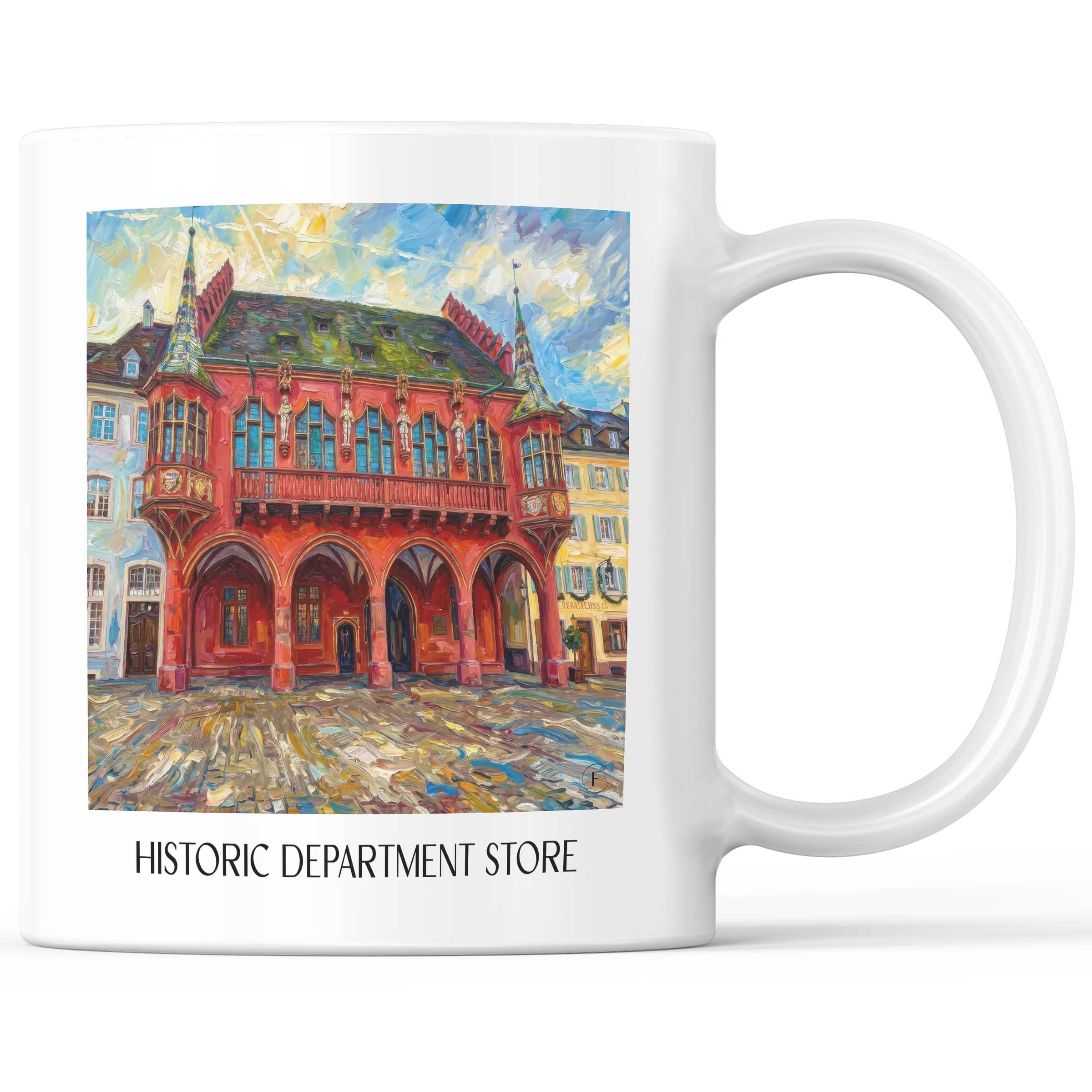 Historisches Kaufhaus Kaffeebecher - Freiburg - Deutschland Becher - Kaffeetasse im Ölgemälde Stil