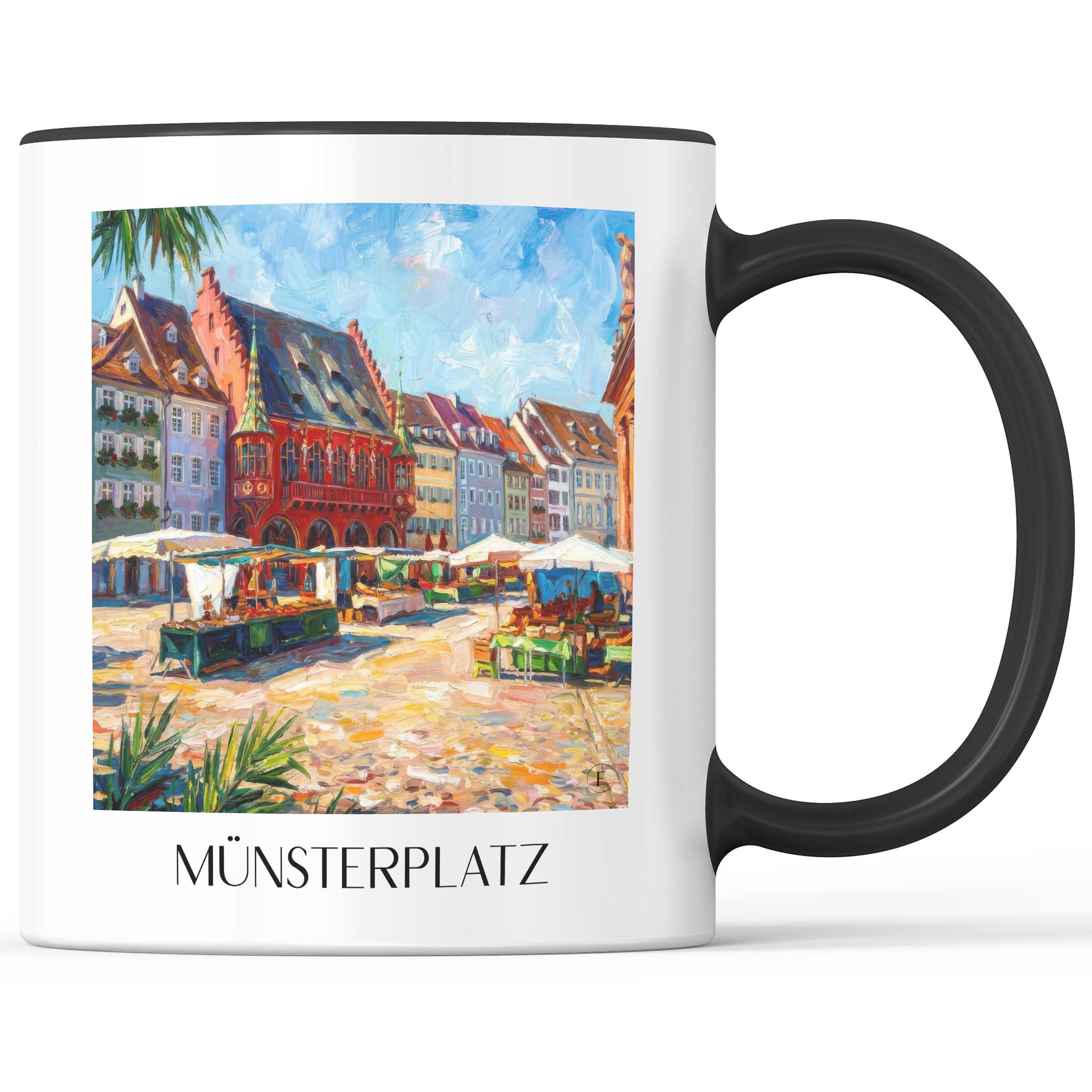Münsterplatz Kaffeebecher - Freiburg - Deutschland Becher - Kaffeetasse im Ölgemälde Stil