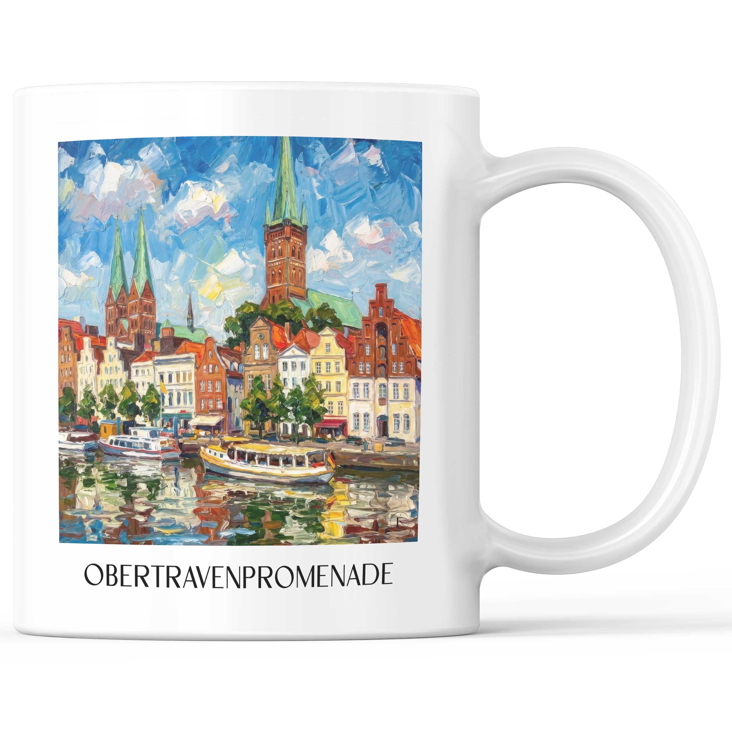 Obertravenpromenade Kaffeebecher - Lübeck - Deutschland Becher - Kaffeetasse im Ölgemälde Stil