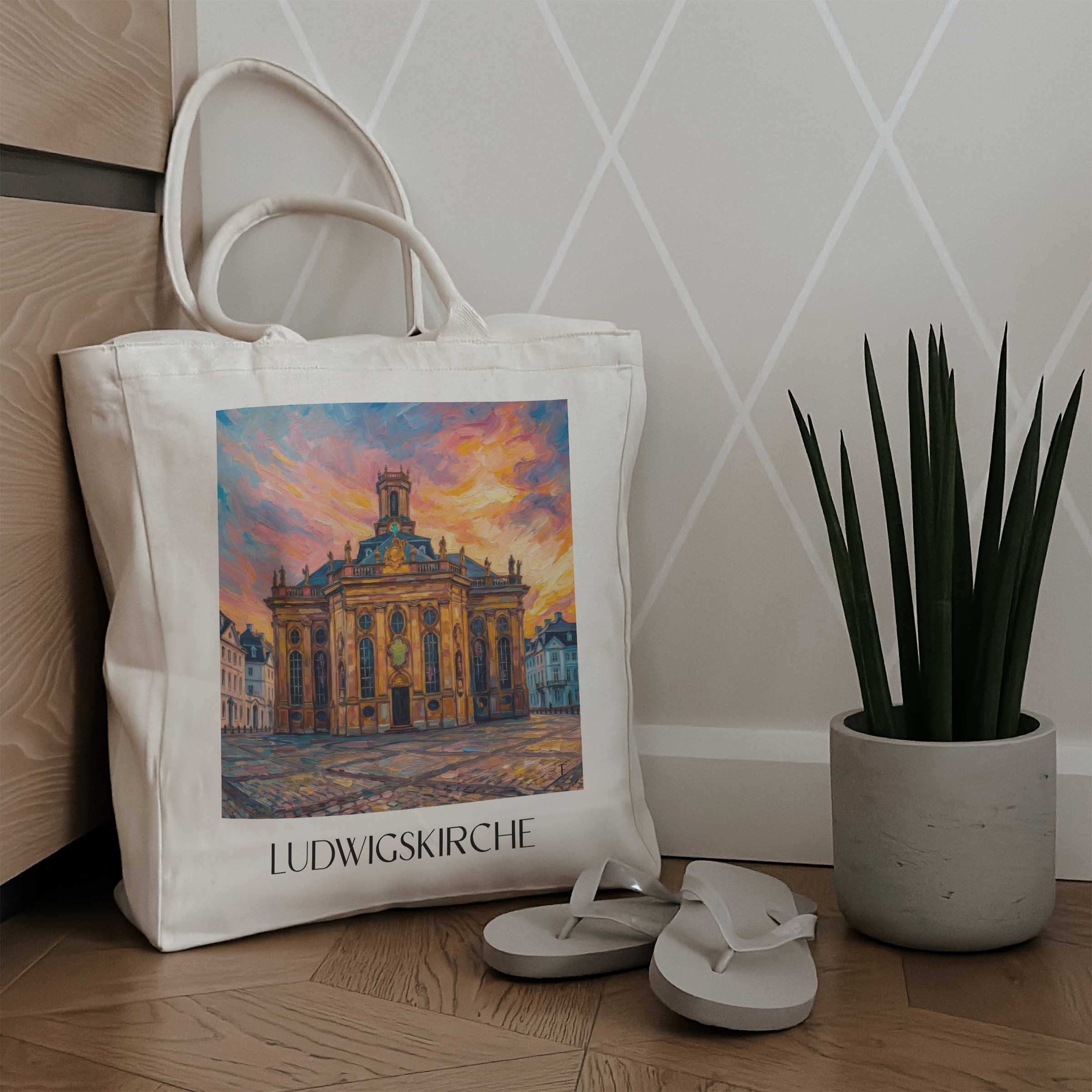 ludwigskirche-saarbrücken-deutschland-einkaufstasche-oil-painting-oelgemaelde