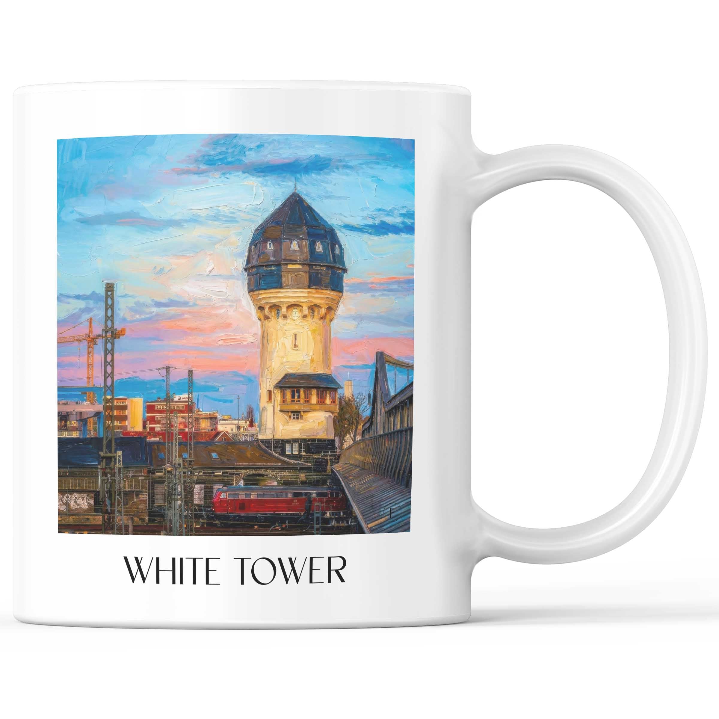 Weißer Turm Kaffeebecher - Darmstadt - Deutschland Becher - Kaffeetasse im Ölgemälde Stil