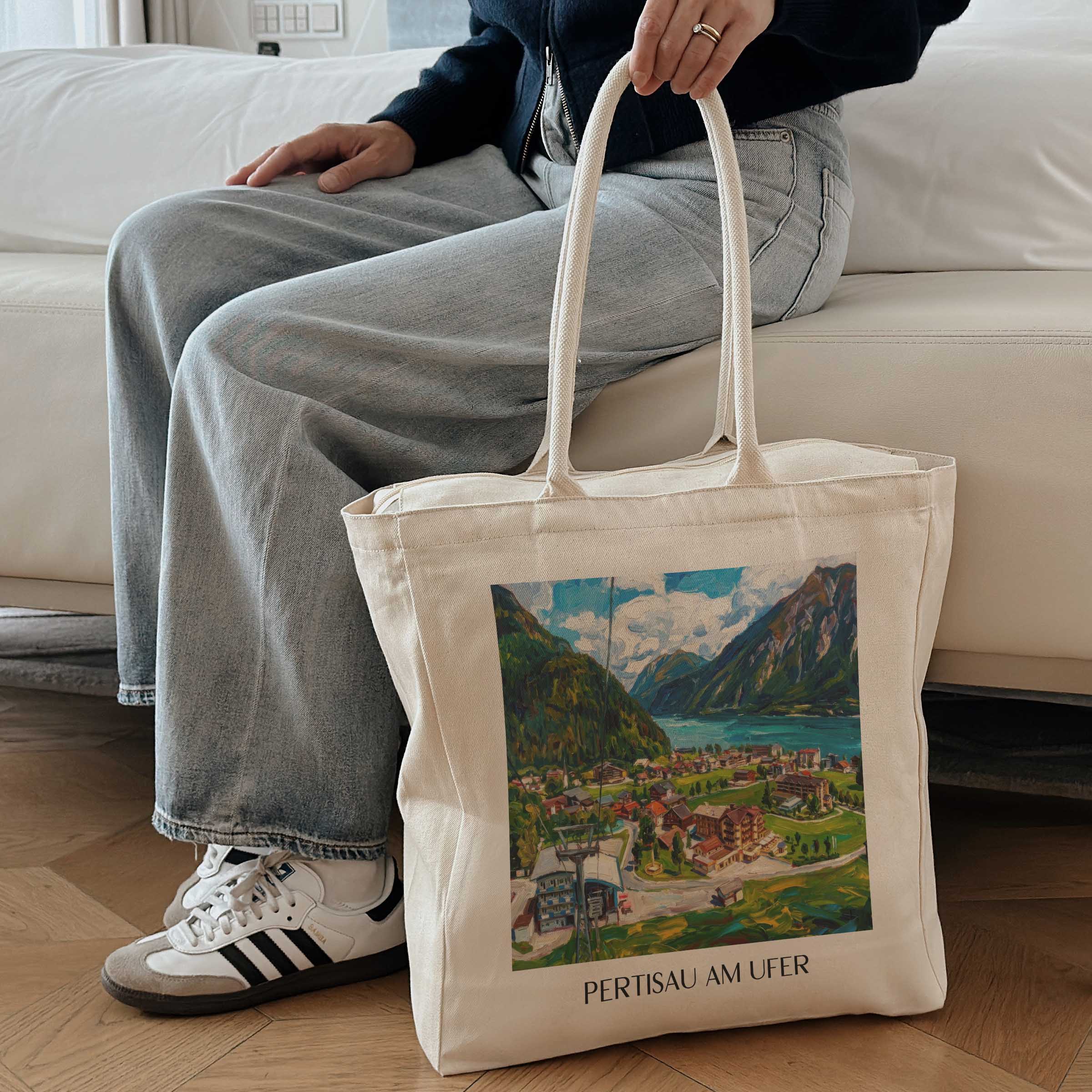 pertisau-am-ufer-achensee-österreich-einkaufstasche-oil-painting-oelgemaelde