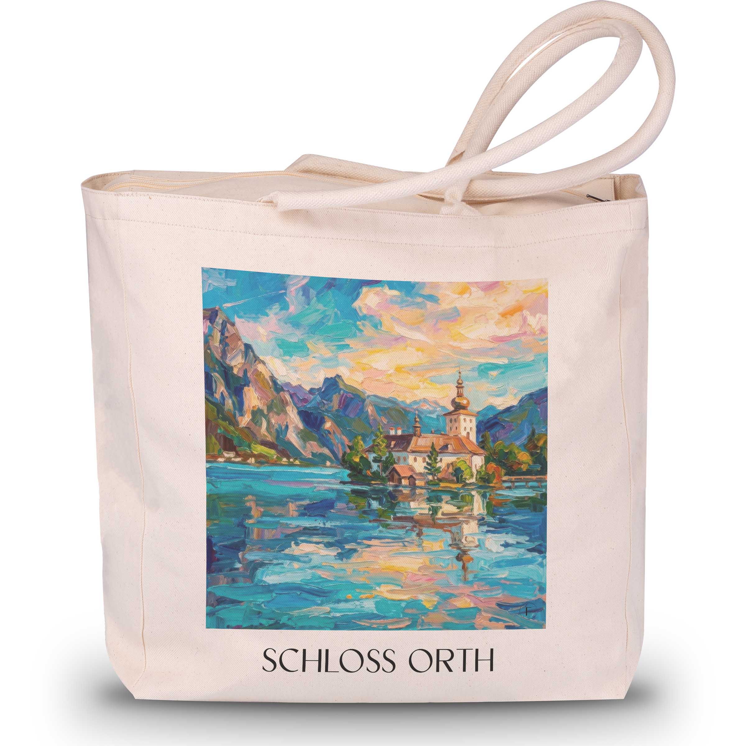 schloss-orth-gmunden-österreich-einkaufstasche-oil-painting-oelgemaelde