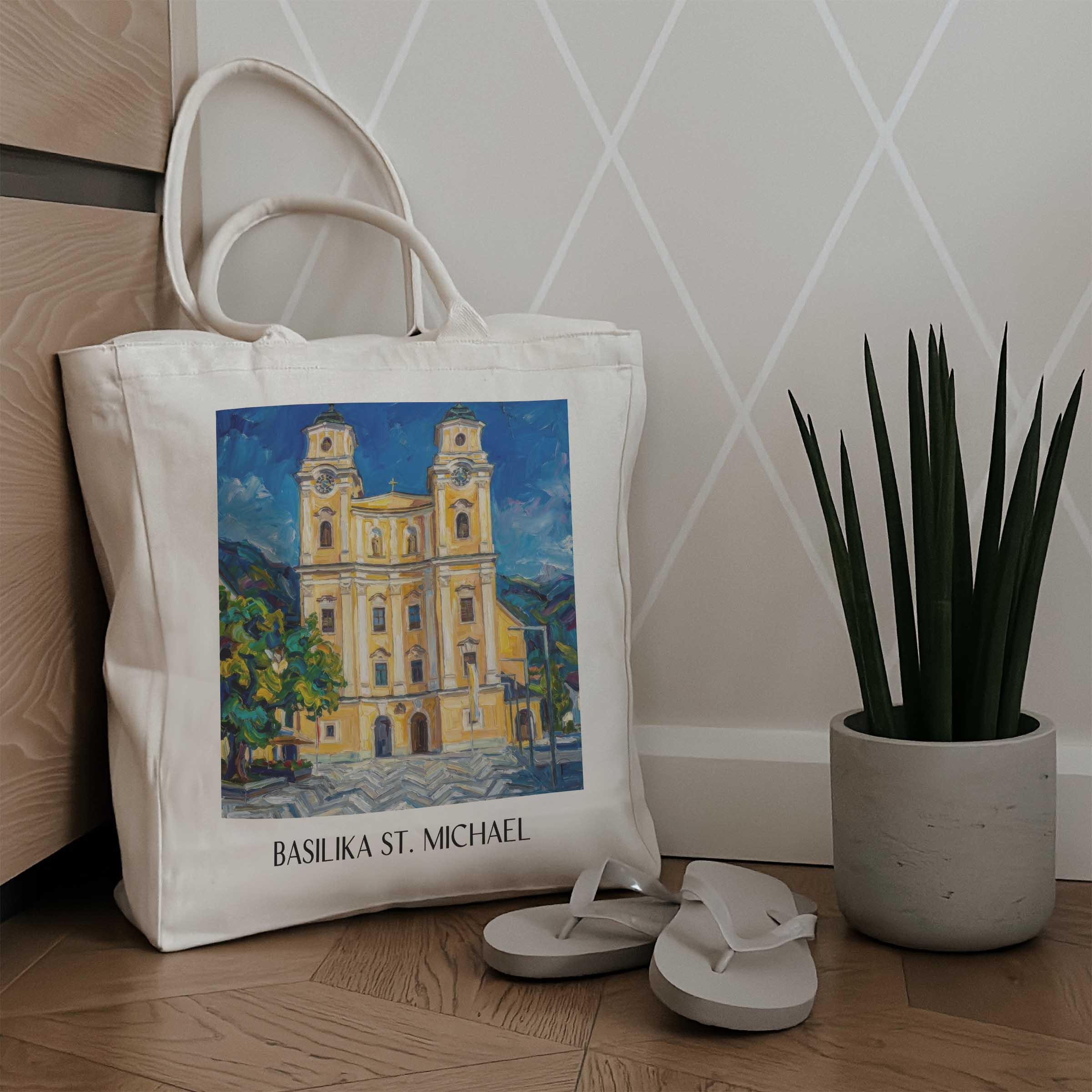 basilika-st.-michael-mondsee-österreich-einkaufstasche-oil-painting-oelgemaelde