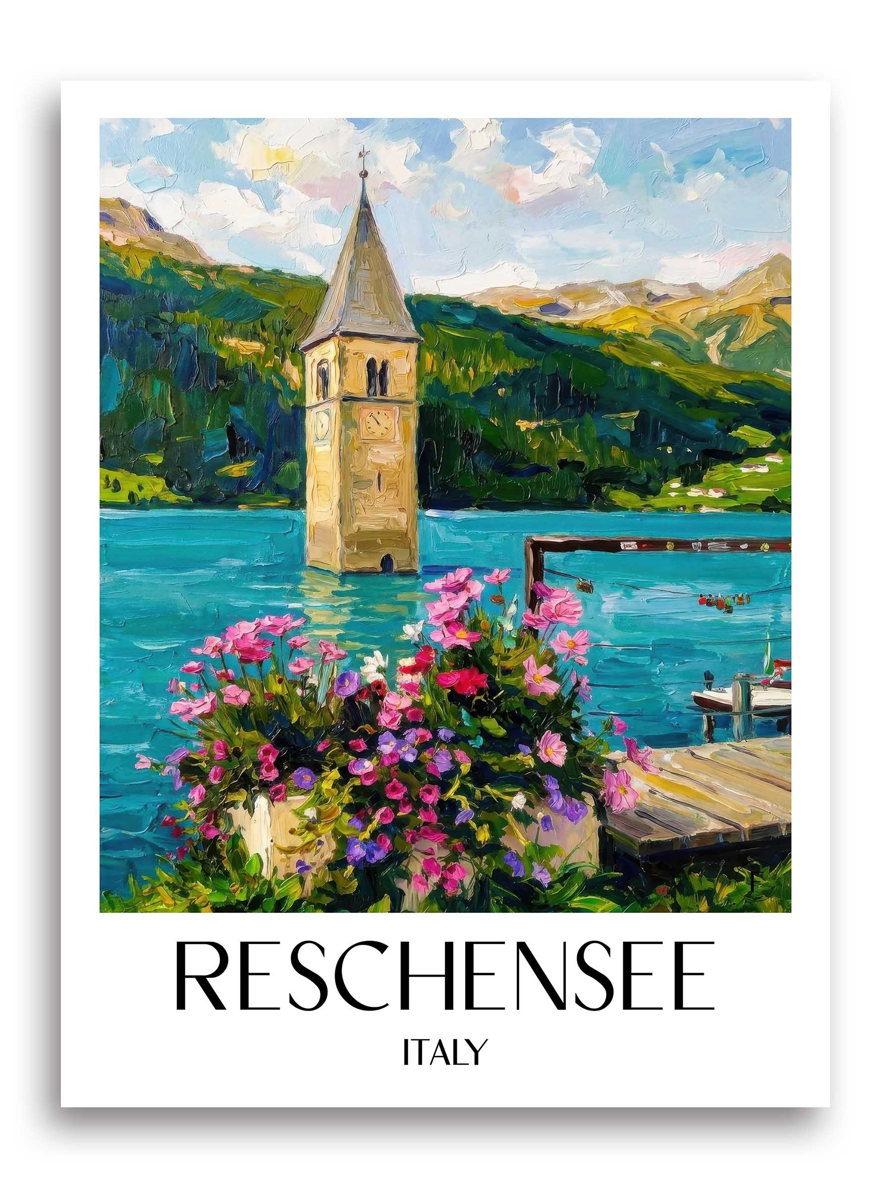 Reschensee Poster - Südtirol - Italien Kunstdruck - Ölgemälde von A4 bis A1