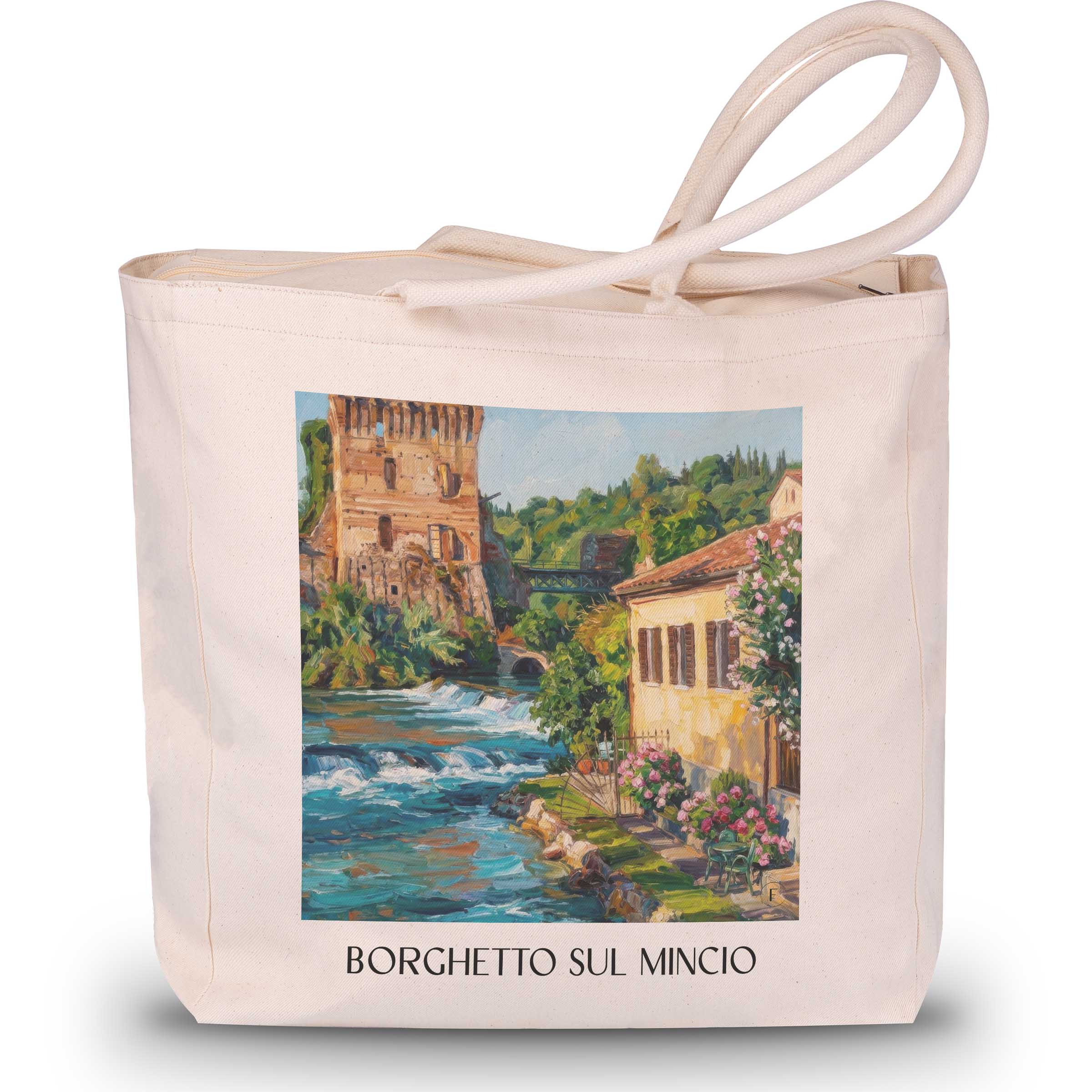 Borghetto sul Mincio Shopping Tasche - Venetien - Italien Tote Bag - Einkaufstasche im Ölgemälde Stil