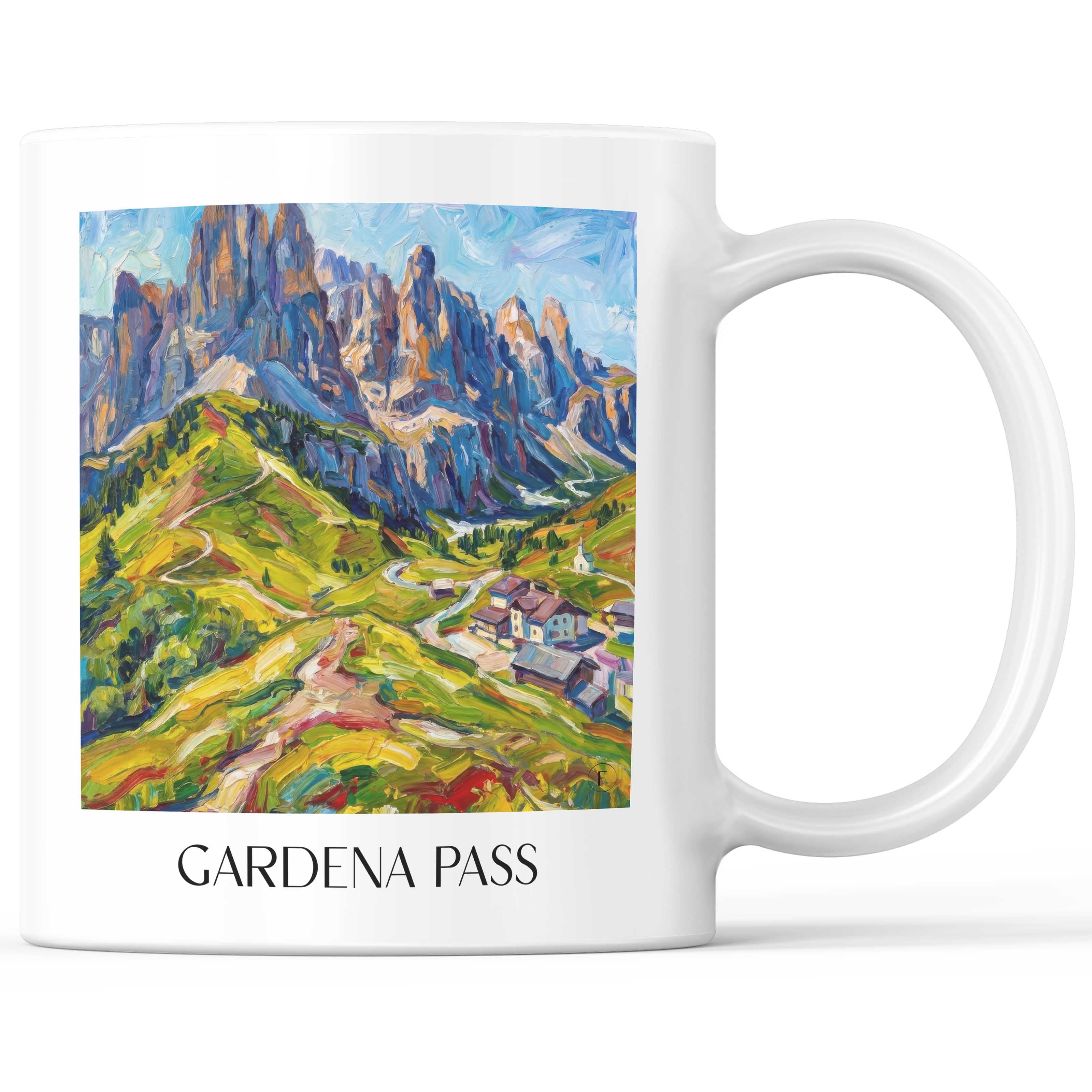 Grödner Joch Kaffeebecher - Dolomiten - Italien Becher - Kaffeetasse im Ölgemälde Stil