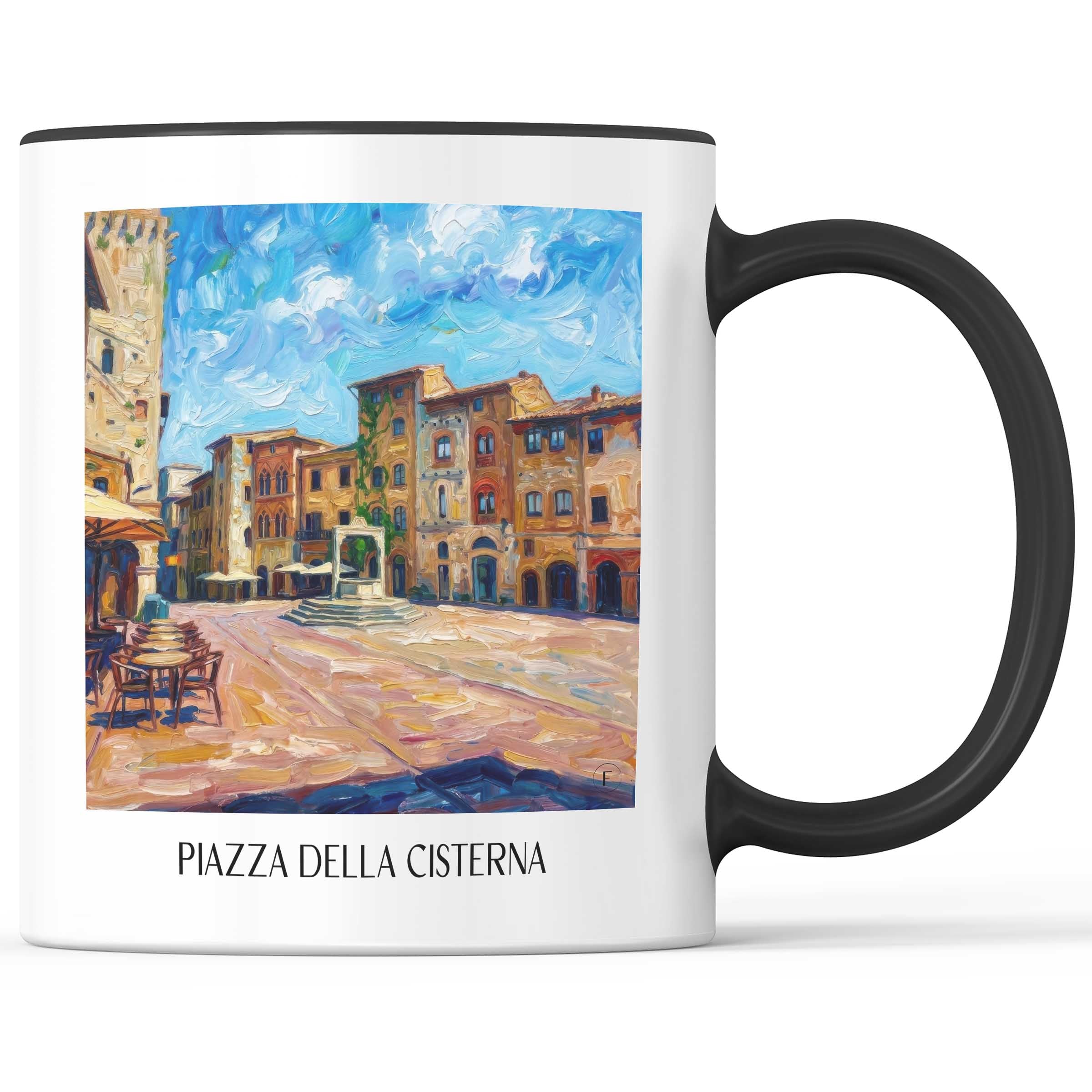 Piazza della Cisterna Kaffeebecher - San Gimignano - Italien Becher - Kaffeetasse im Ölgemälde Stil