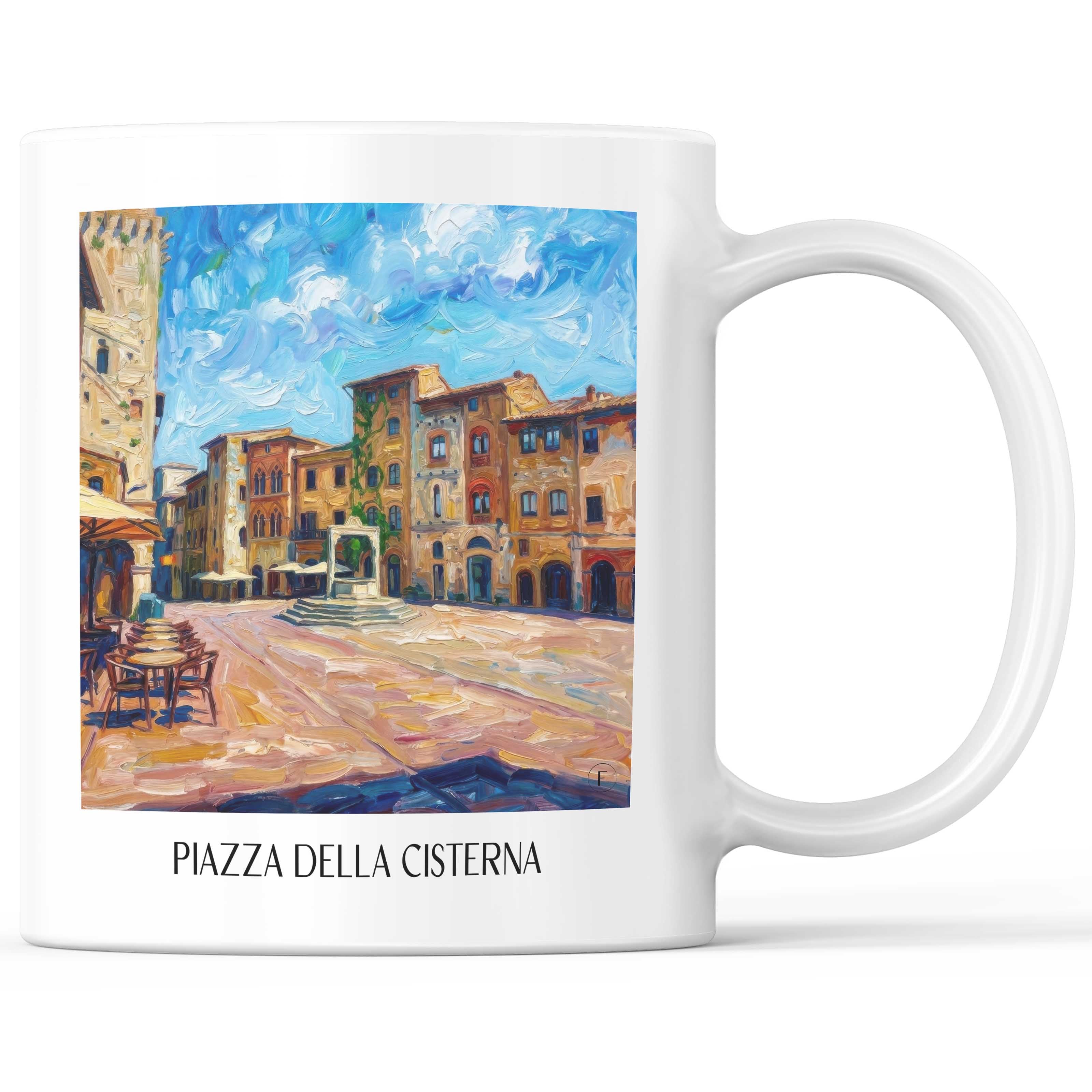 Piazza della Cisterna Kaffeebecher - San Gimignano - Italien Becher - Kaffeetasse im Ölgemälde Stil