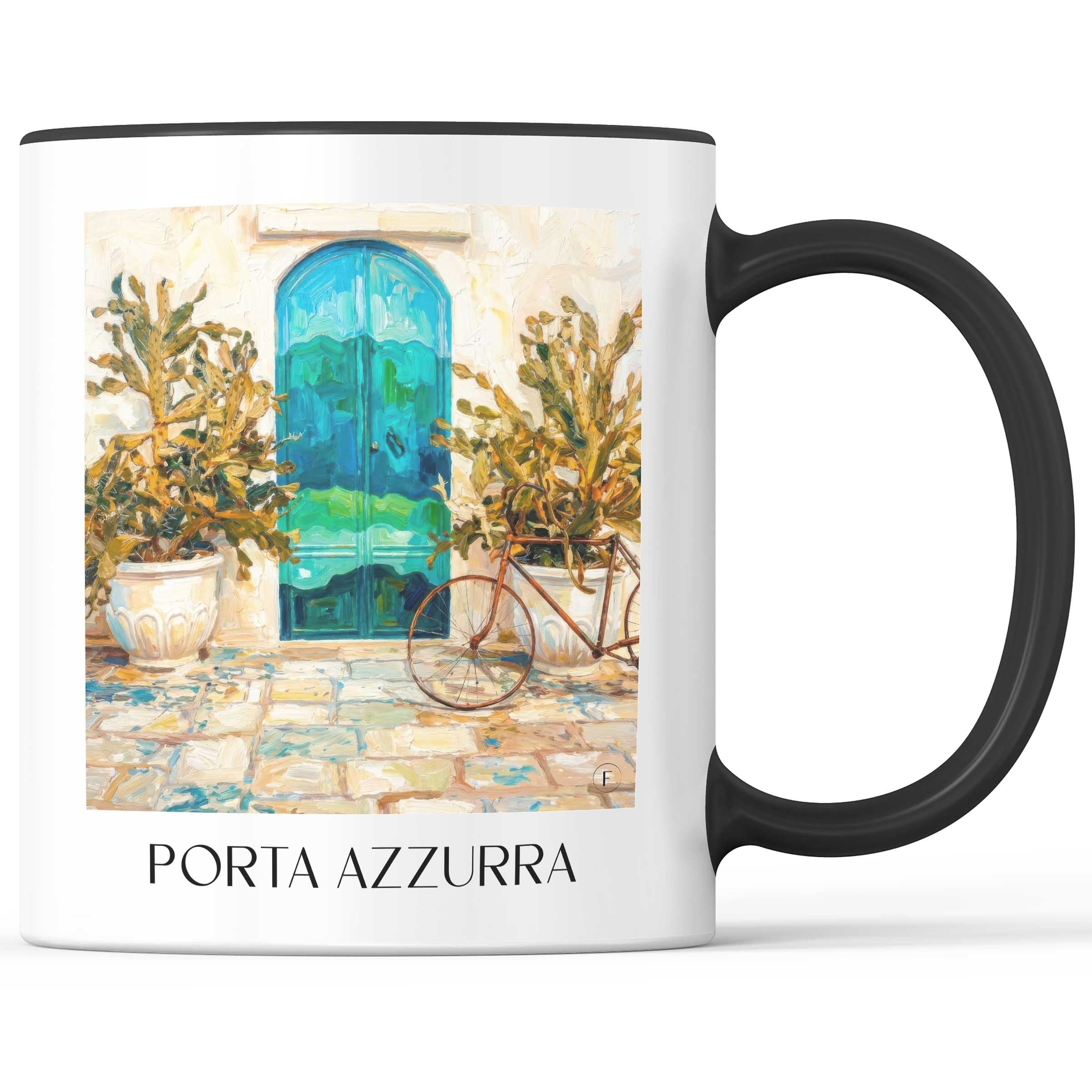 Porta Azzurra Kaffeebecher - Ostuni - Italien Becher - Kaffeetasse im Ölgemälde Stil