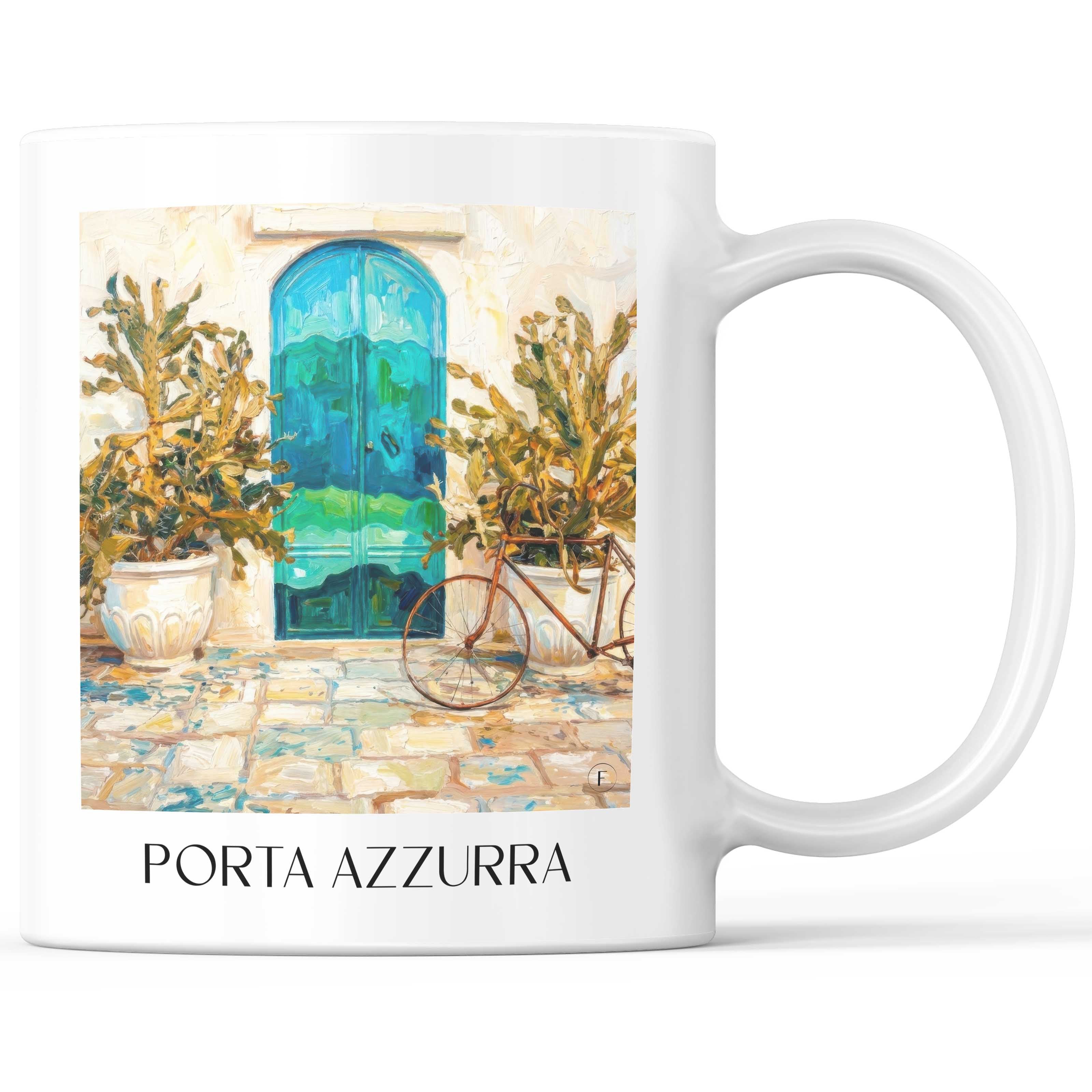 Porta Azzurra Kaffeebecher - Ostuni - Italien Becher - Kaffeetasse im Ölgemälde Stil