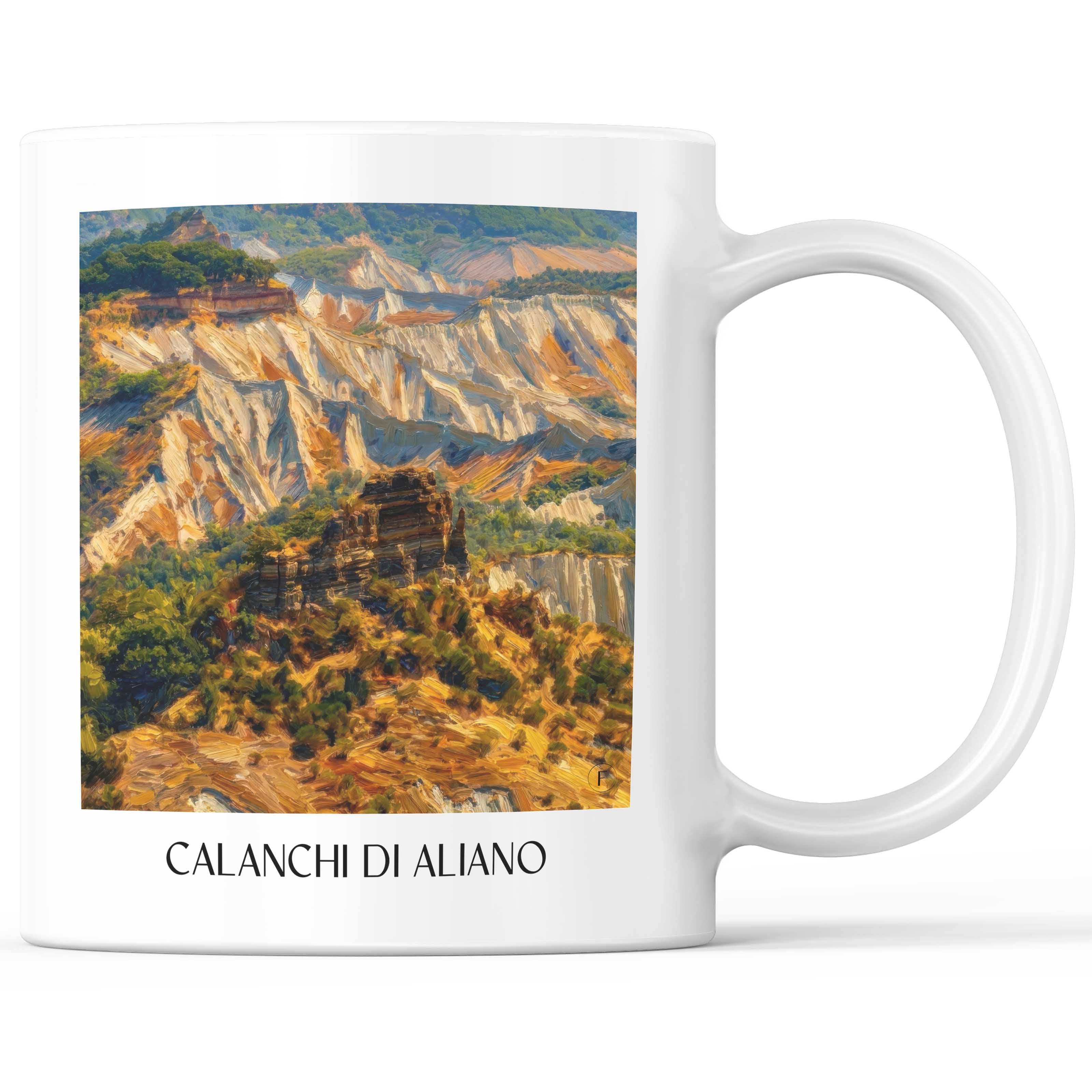 Calanchi di Aliano Kaffeebecher - Basilikata - Italien Becher - Kaffeetasse im Ölgemälde Stil