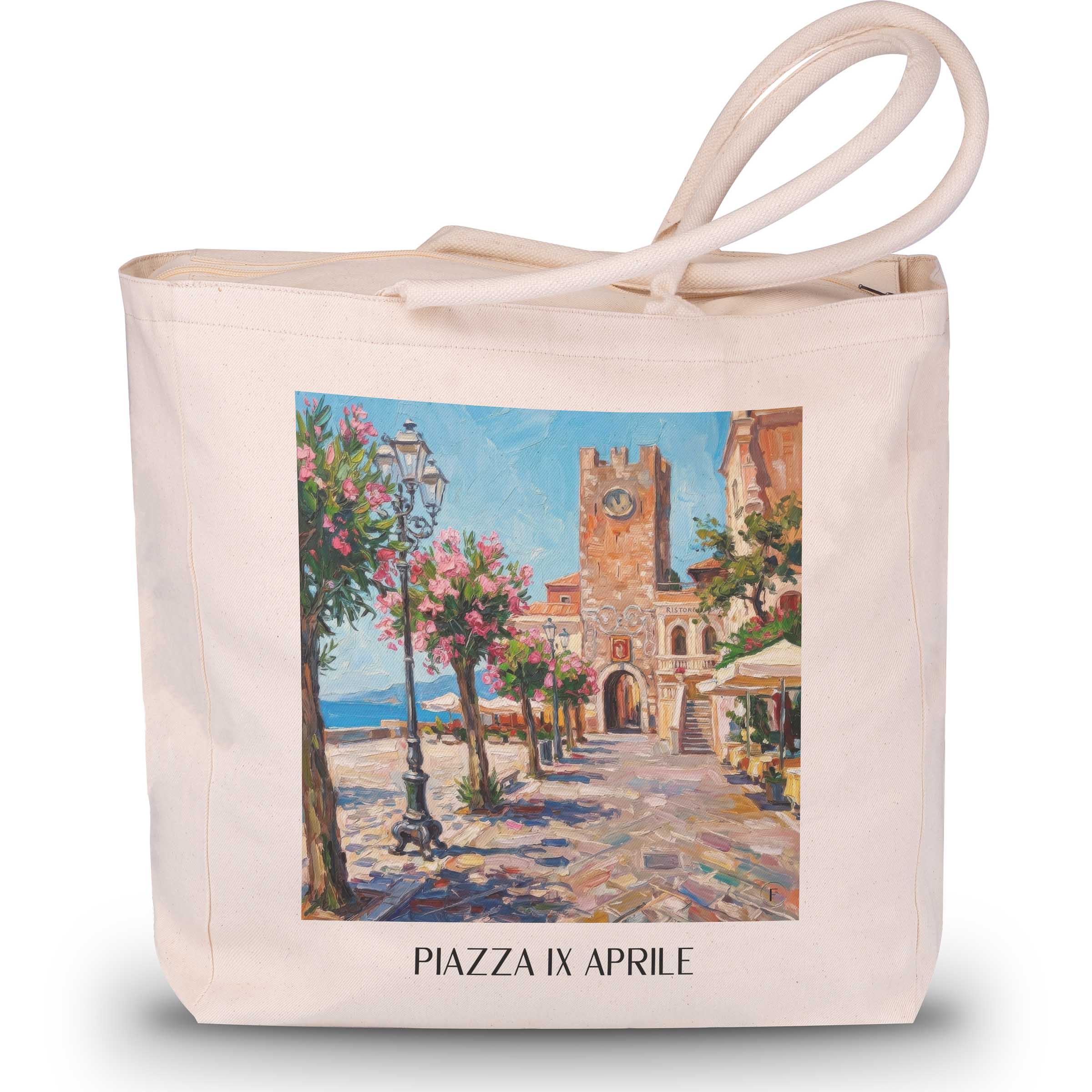 Piazza IX Aprile Shopping Tasche - Taormina - Italien Tote Bag - Einkaufstasche im Ölgemälde Stil