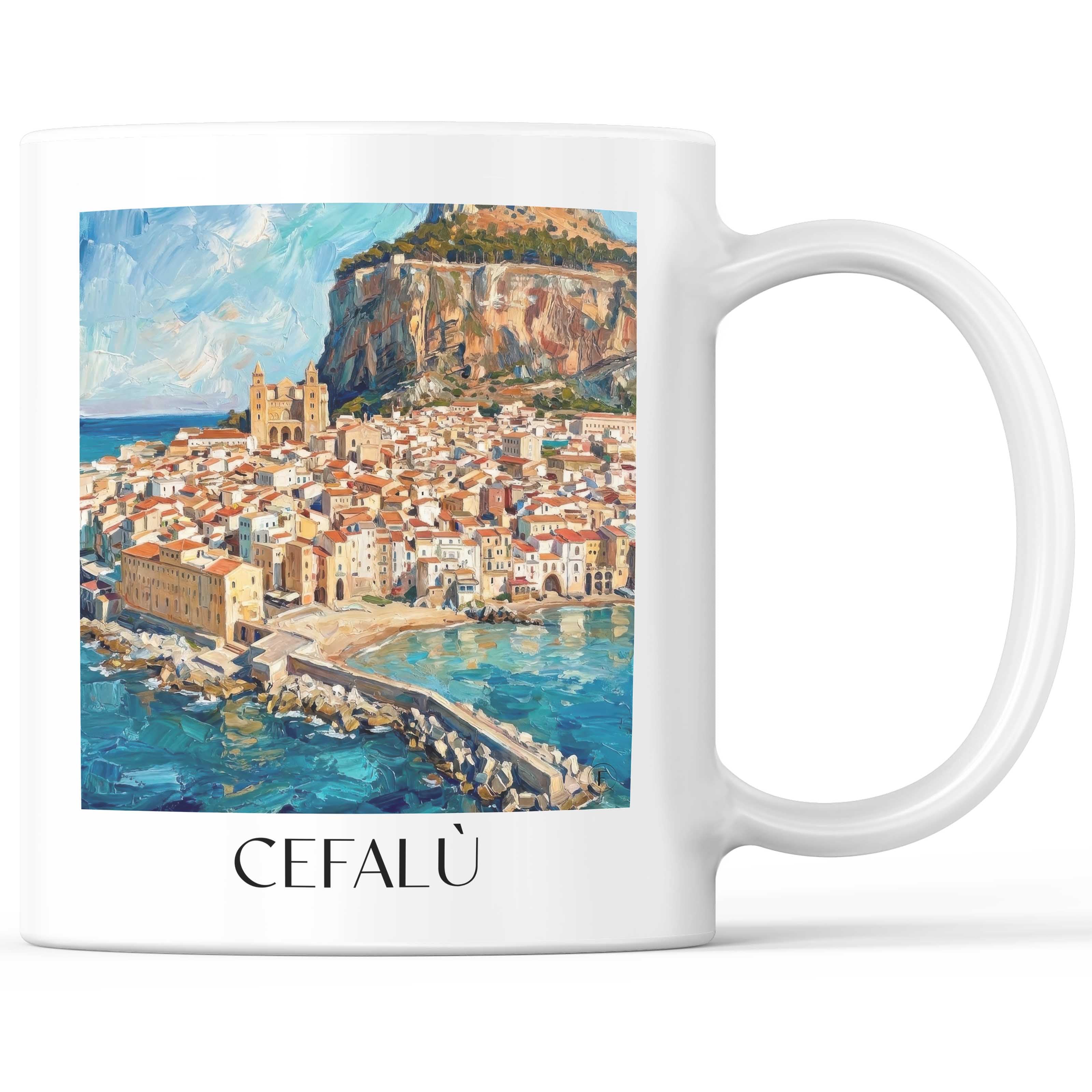 Cefalù Kaffeebecher - Sizilien - Italien Becher - Kaffeetasse im Ölgemälde Stil