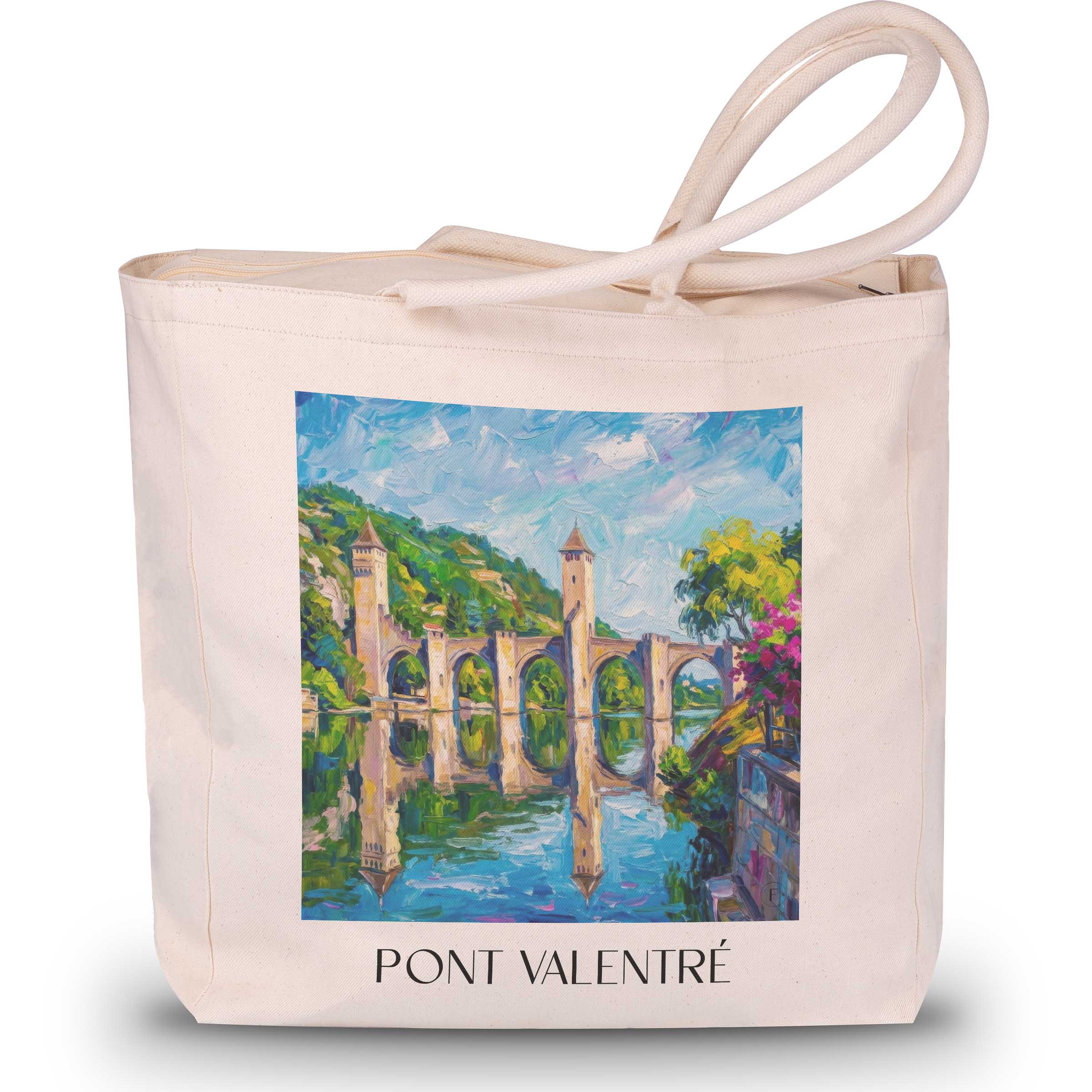 pont-valentré-cahors-frankreich-einkaufstasche-oil-painting-oelgemaelde