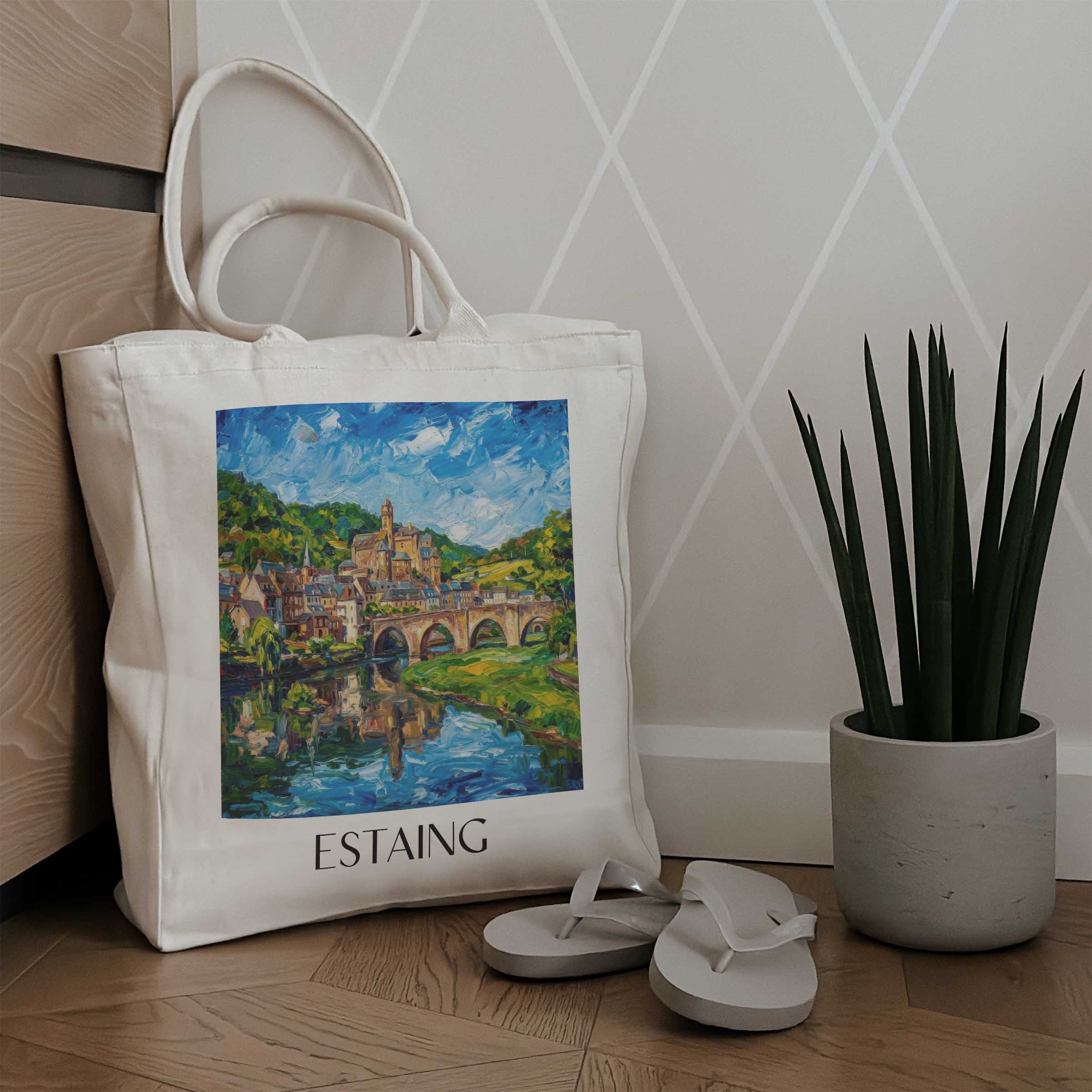 estaing-vallée-du-lot-frankreich-einkaufstasche-oil-painting-oelgemaelde