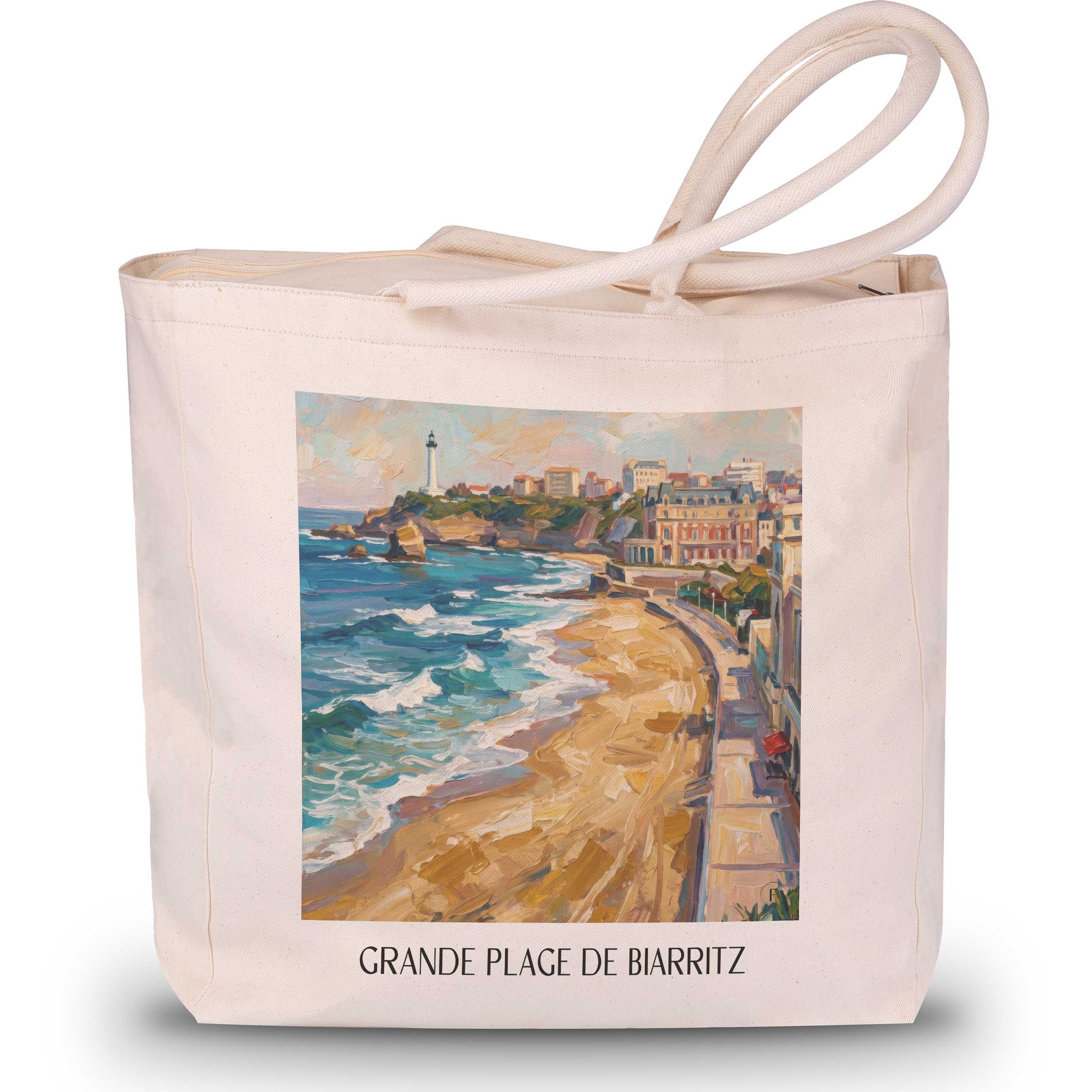 grande-plage-de-biarritz-pays-basque-frankreich-einkaufstasche-oil-painting-oelgemaelde