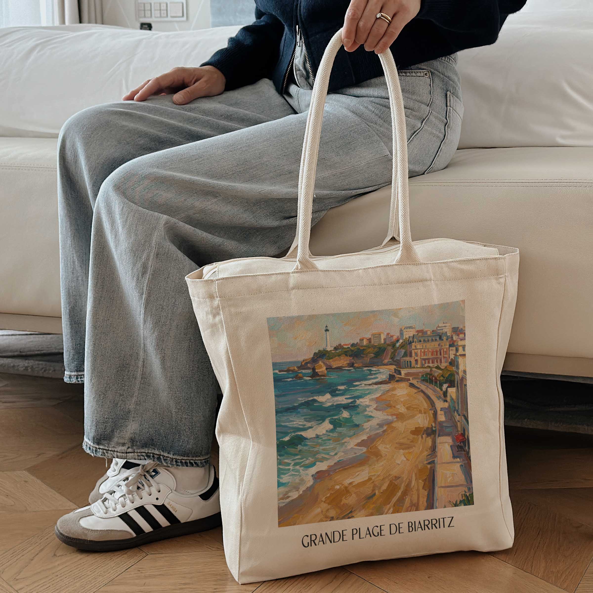 grande-plage-de-biarritz-pays-basque-frankreich-einkaufstasche-oil-painting-oelgemaelde