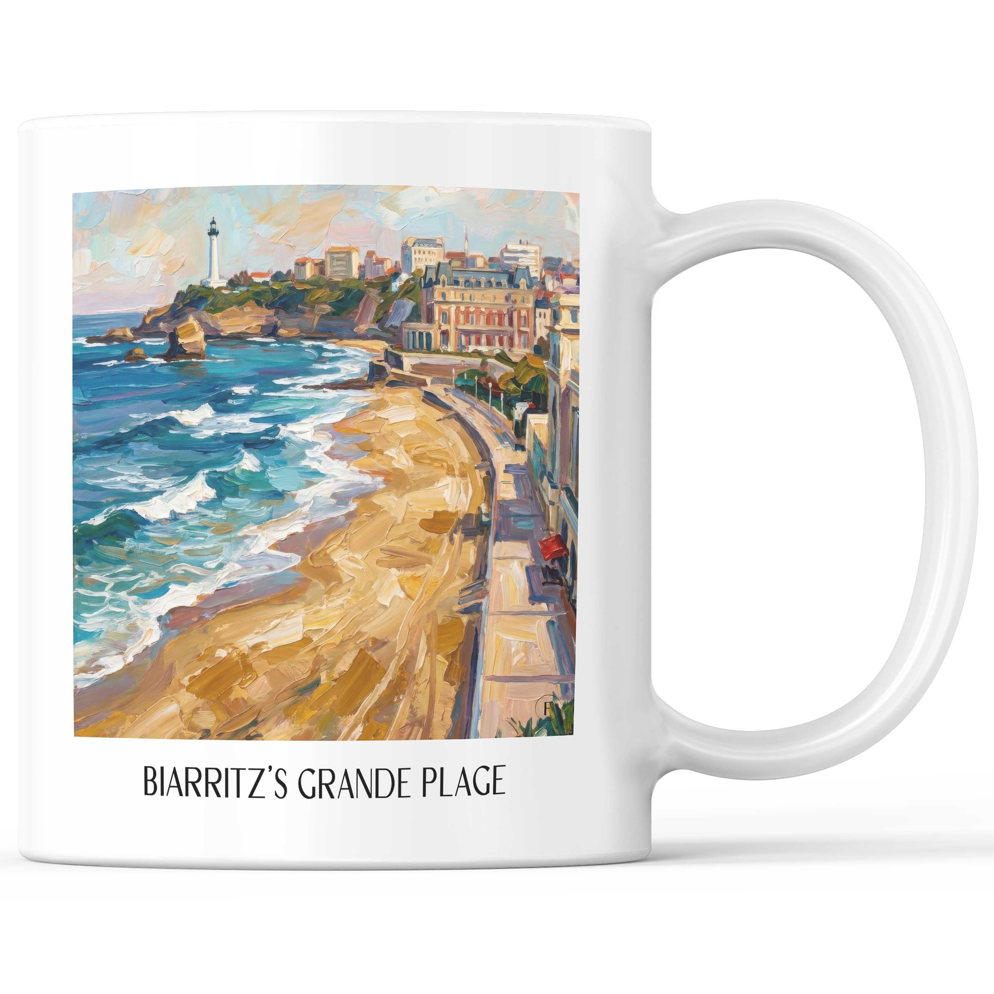 Grande Plage de Biarritz Kaffeebecher - Pays Basque - Frankreich Becher - Kaffeetasse im Ölgemälde Stil