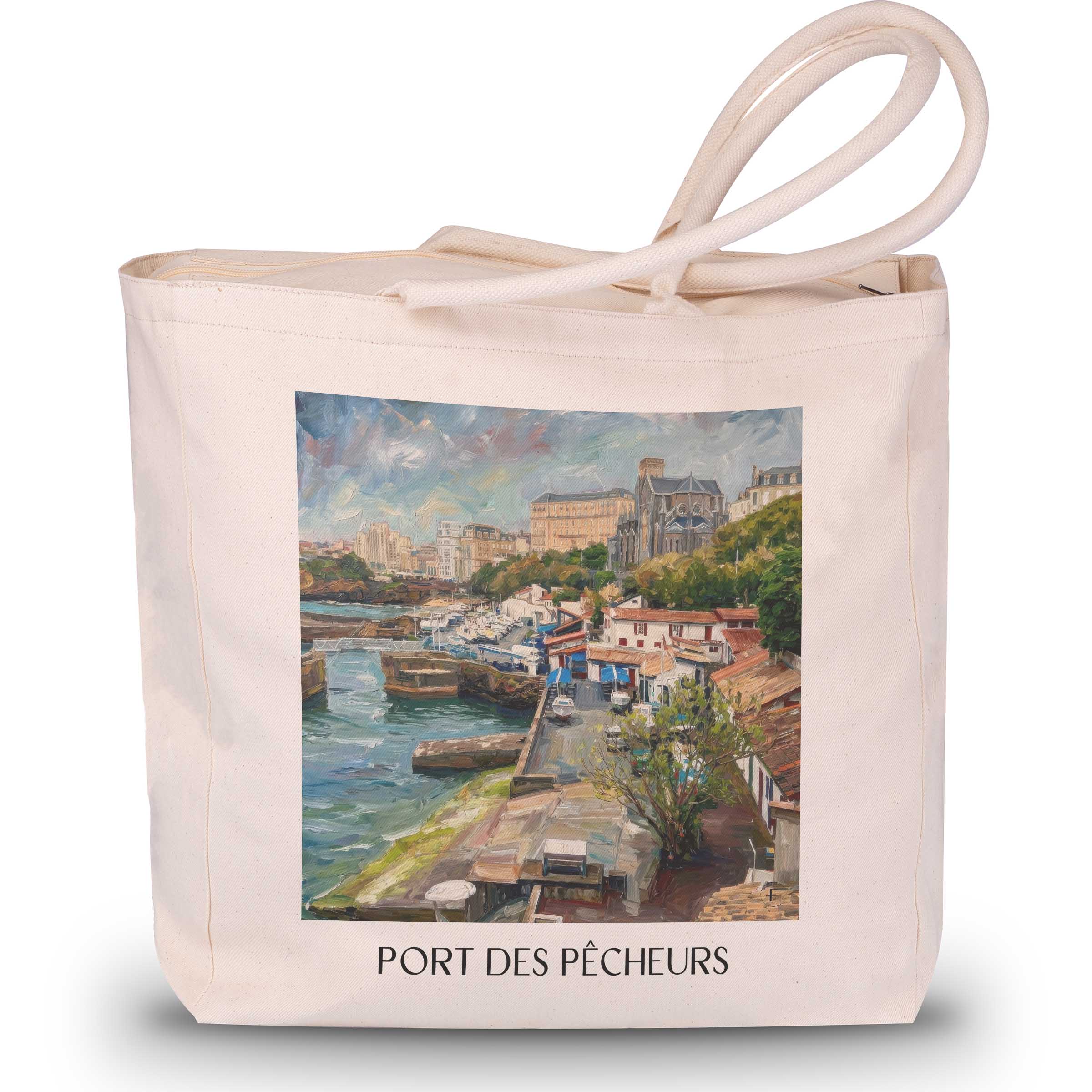 port-des-pêcheurs-biarritz-frankreich-einkaufstasche-oil-painting-oelgemaelde