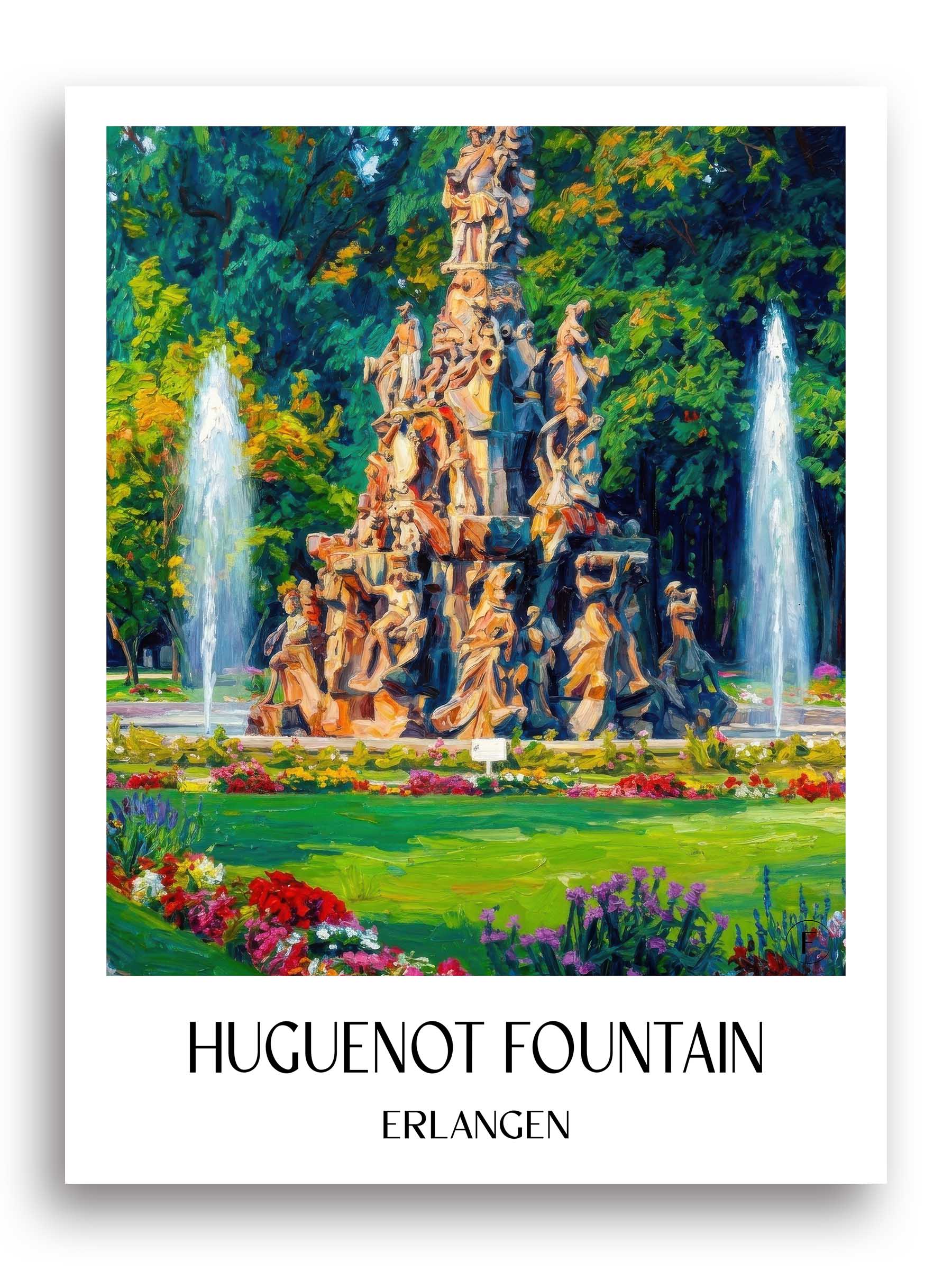 Hugenottenbrunnen Poster - Erlangen - Deutschland Kunstdruck - Ölgemälde von A4 bis A1