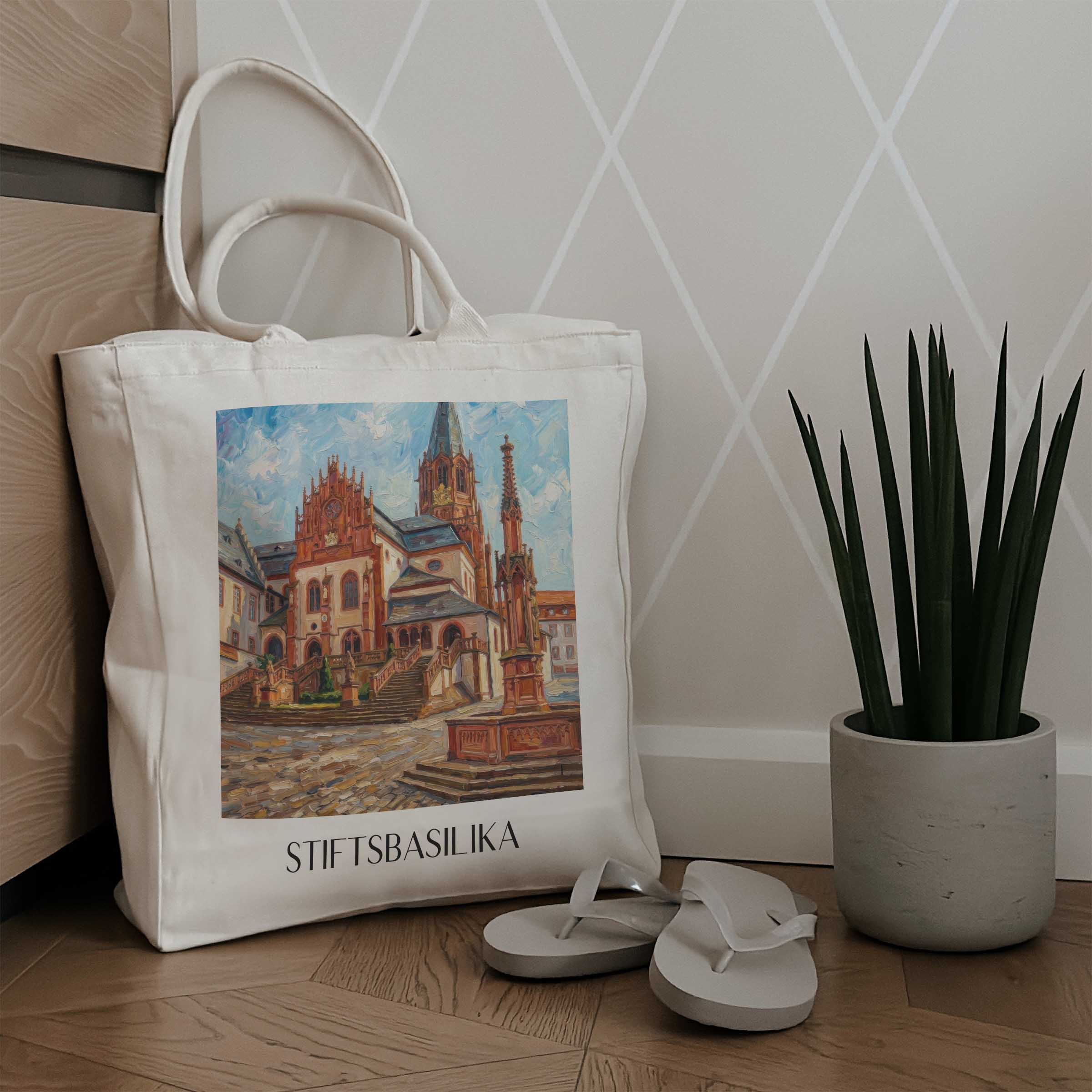stiftsbasilika-aschaffenburg-deutschland-einkaufstasche-oil-painting-oelgemaelde