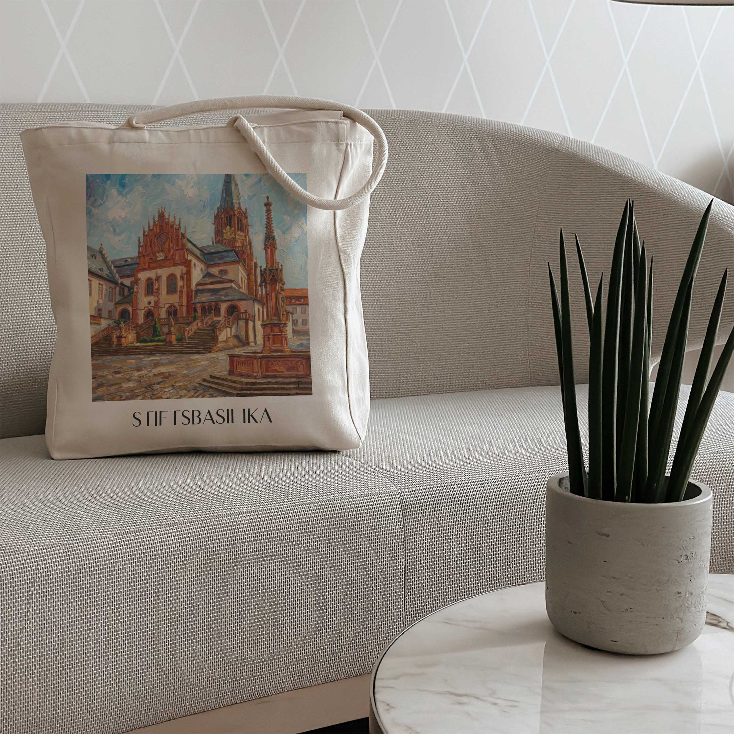 stiftsbasilika-aschaffenburg-deutschland-einkaufstasche-oil-painting-oelgemaelde