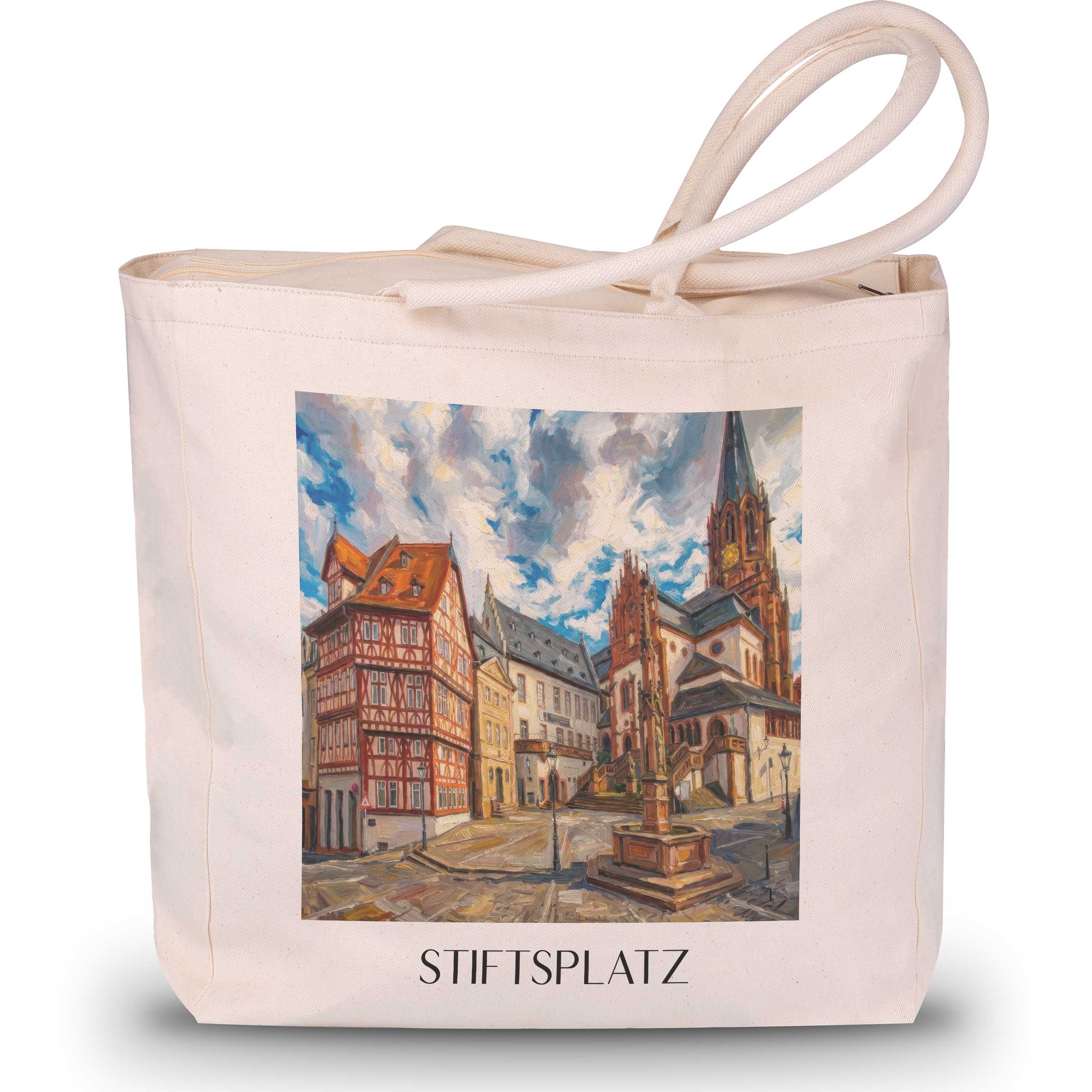 Stiftsplatz Shopping Tasche - Aschaffenburg - Deutschland Tote Bag - Einkaufstasche im Ölgemälde Stil