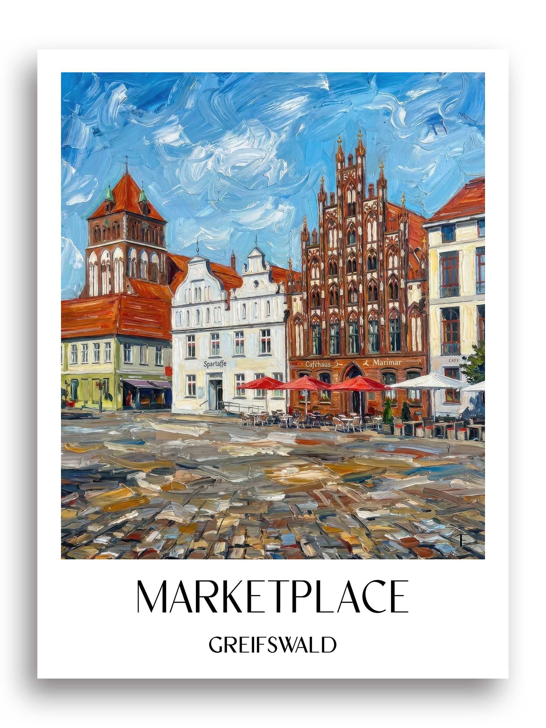 Marktplatz Poster - Greifswald - Deutschland Kunstdruck - Ölgemälde von A4 bis A1