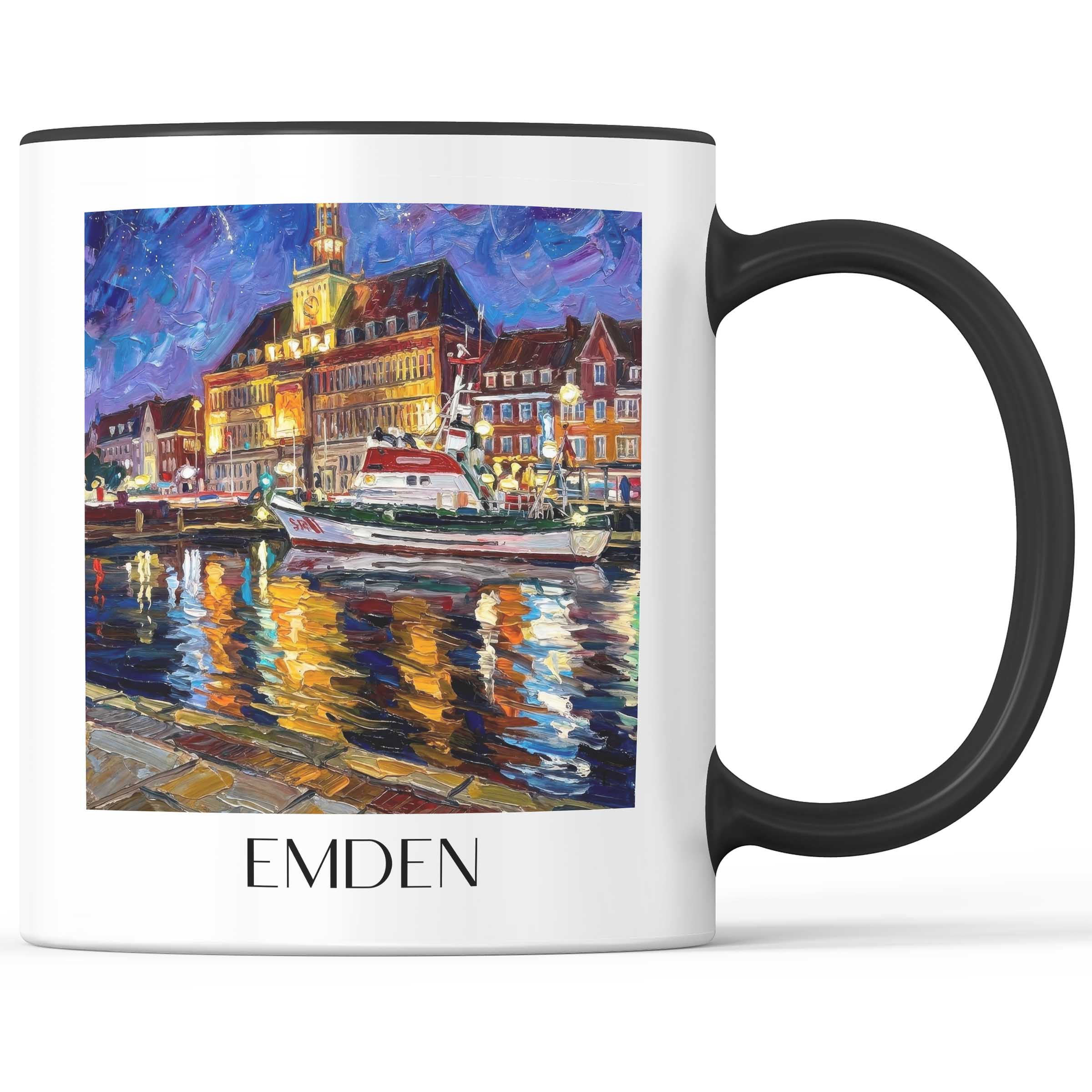 Emden (bei Nacht) Kaffeebecher - Ostfriesland - Deutschland Becher - Kaffeetasse im Ölgemälde Stil