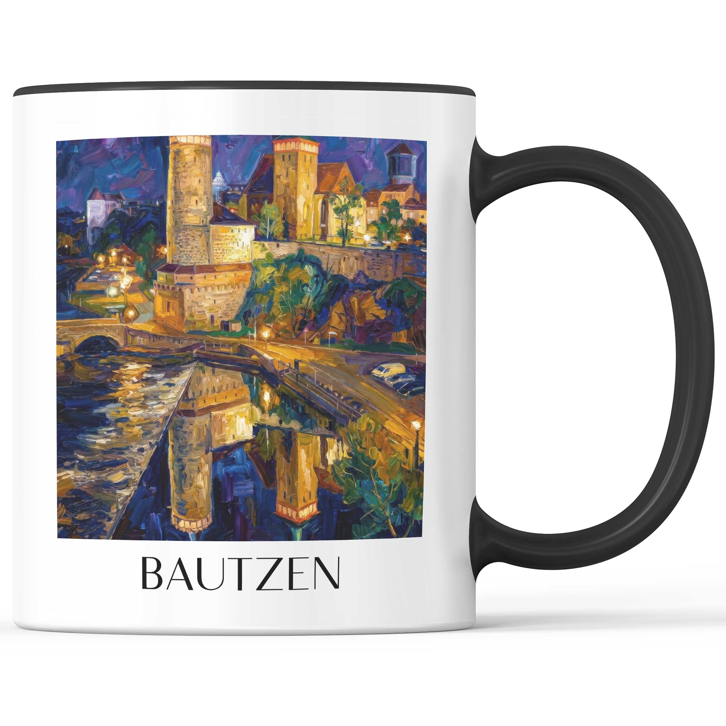 Bautzen (bei Nacht) Kaffeebecher - Oberlausitz - Deutschland Becher - Kaffeetasse im Ölgemälde Stil