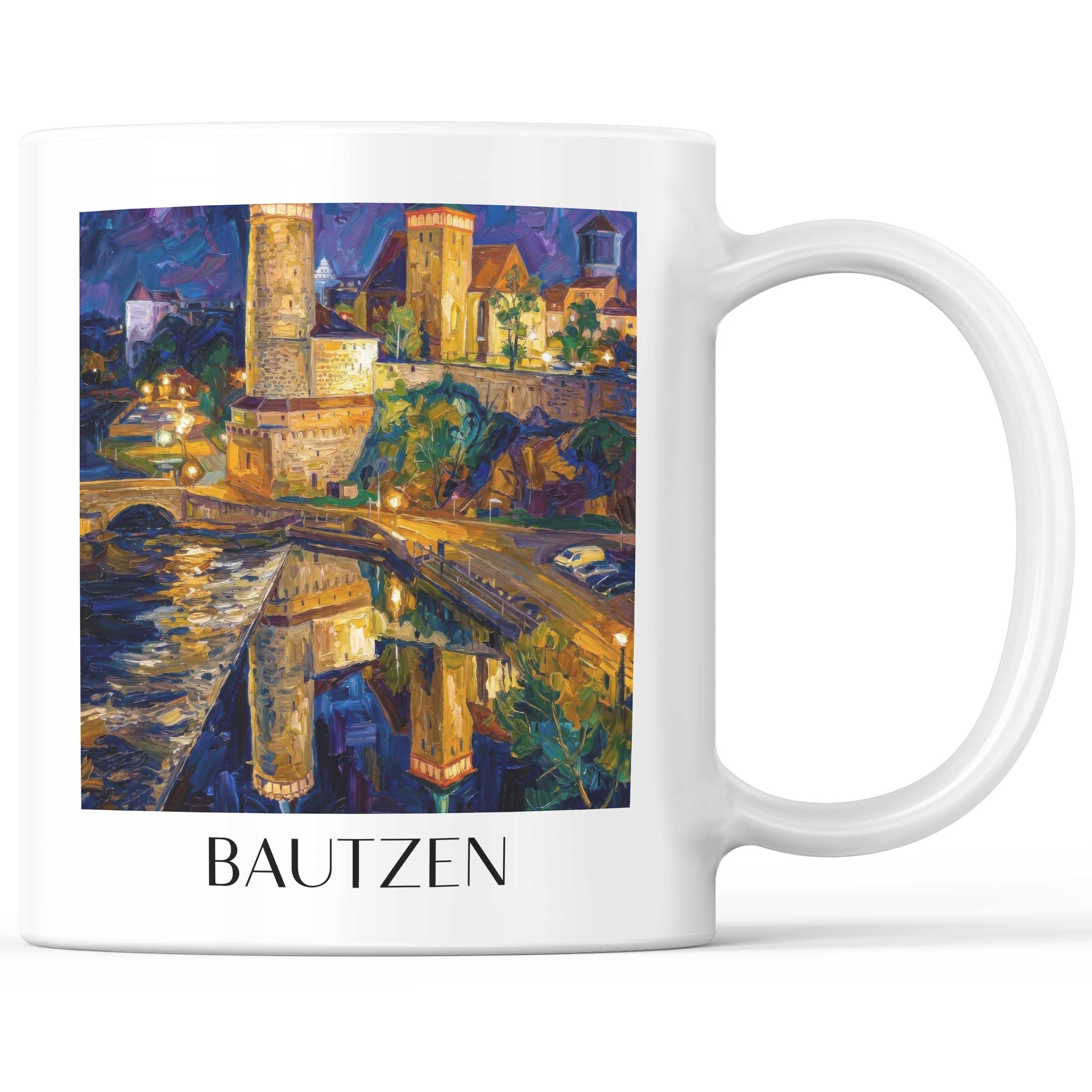 Bautzen (bei Nacht) Kaffeebecher - Oberlausitz - Deutschland Becher - Kaffeetasse im Ölgemälde Stil