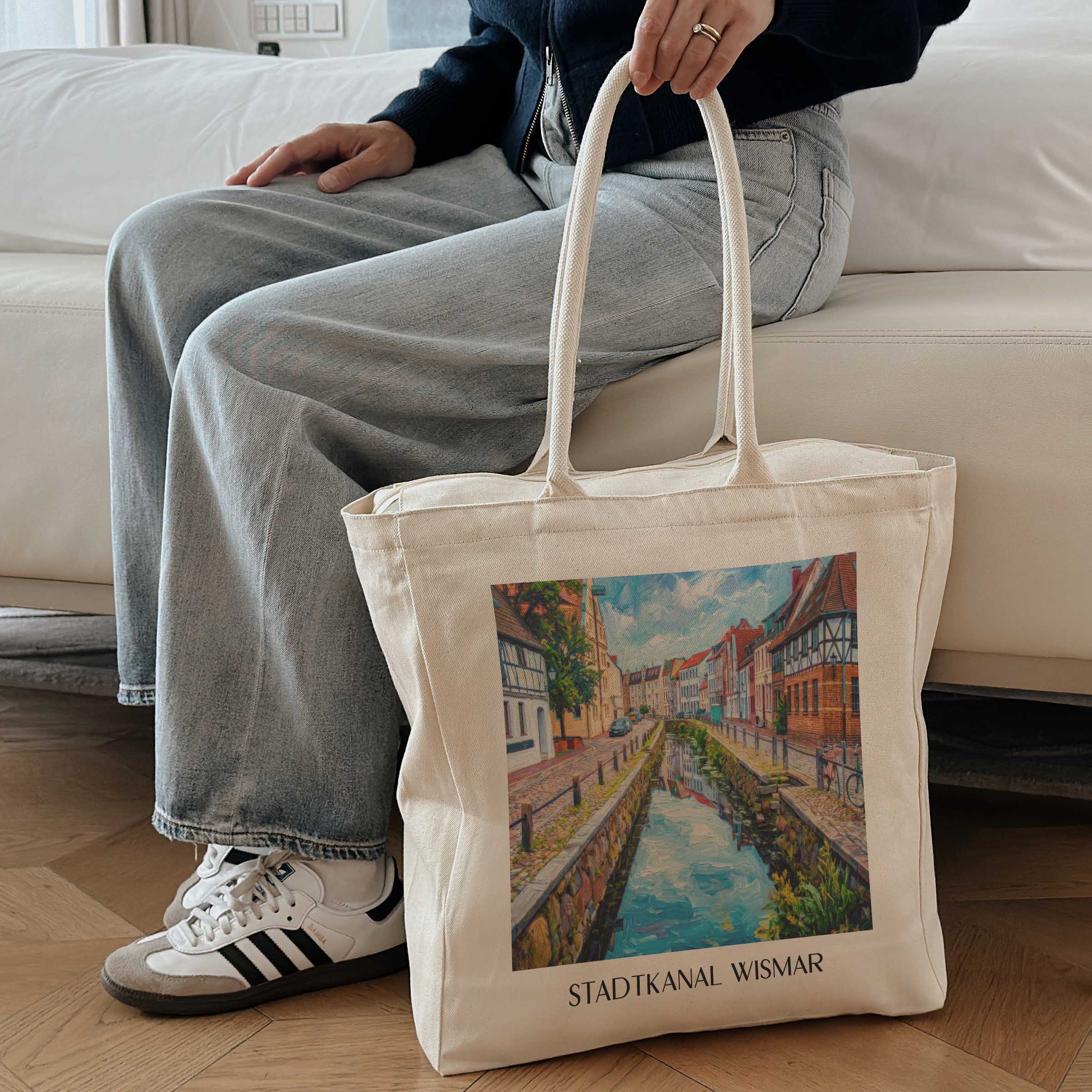 stadtkanal-wismar-deutschland-einkaufstasche-oil-painting-oelgemaelde