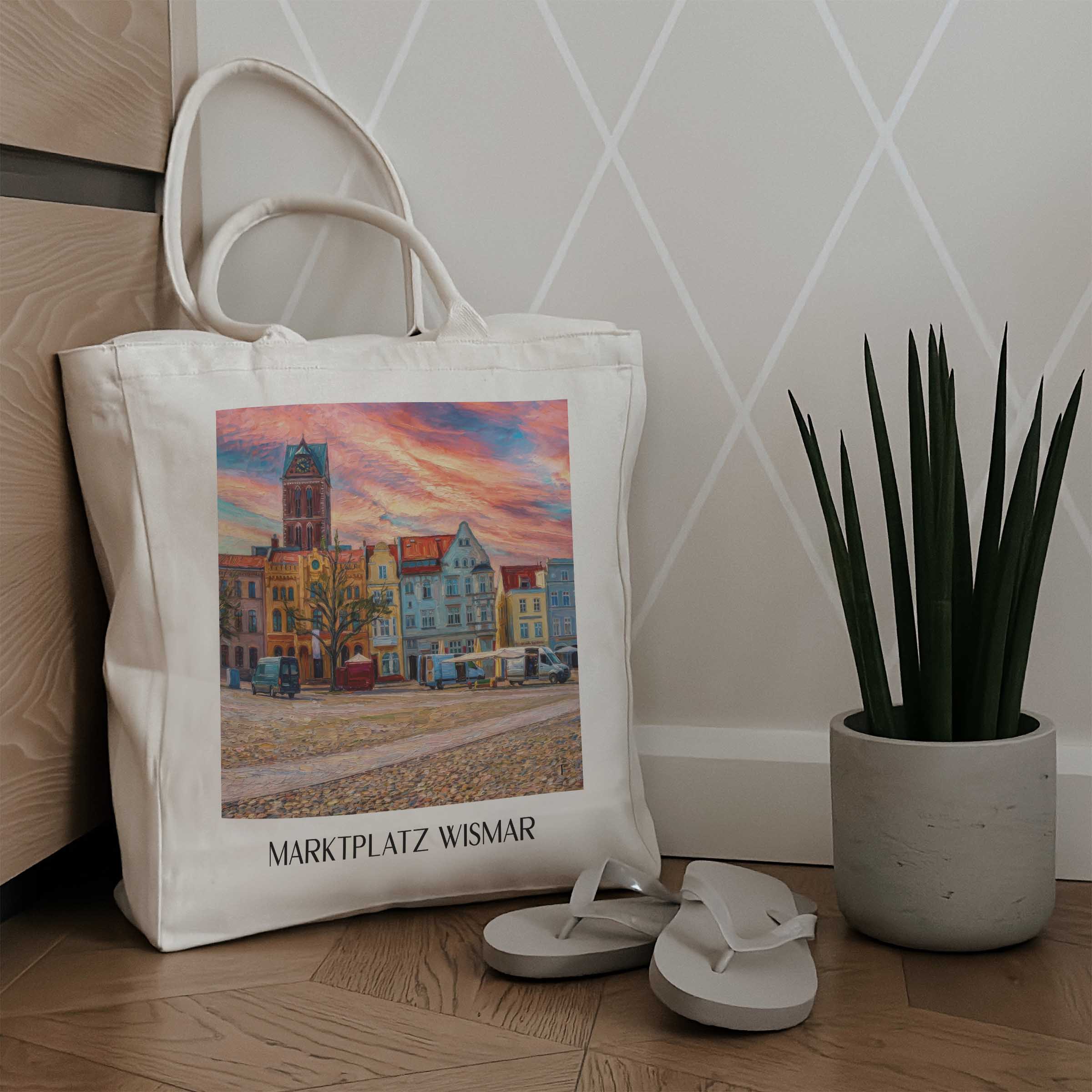 marktplatz-wismar-deutschland-einkaufstasche-oil-painting-oelgemaelde