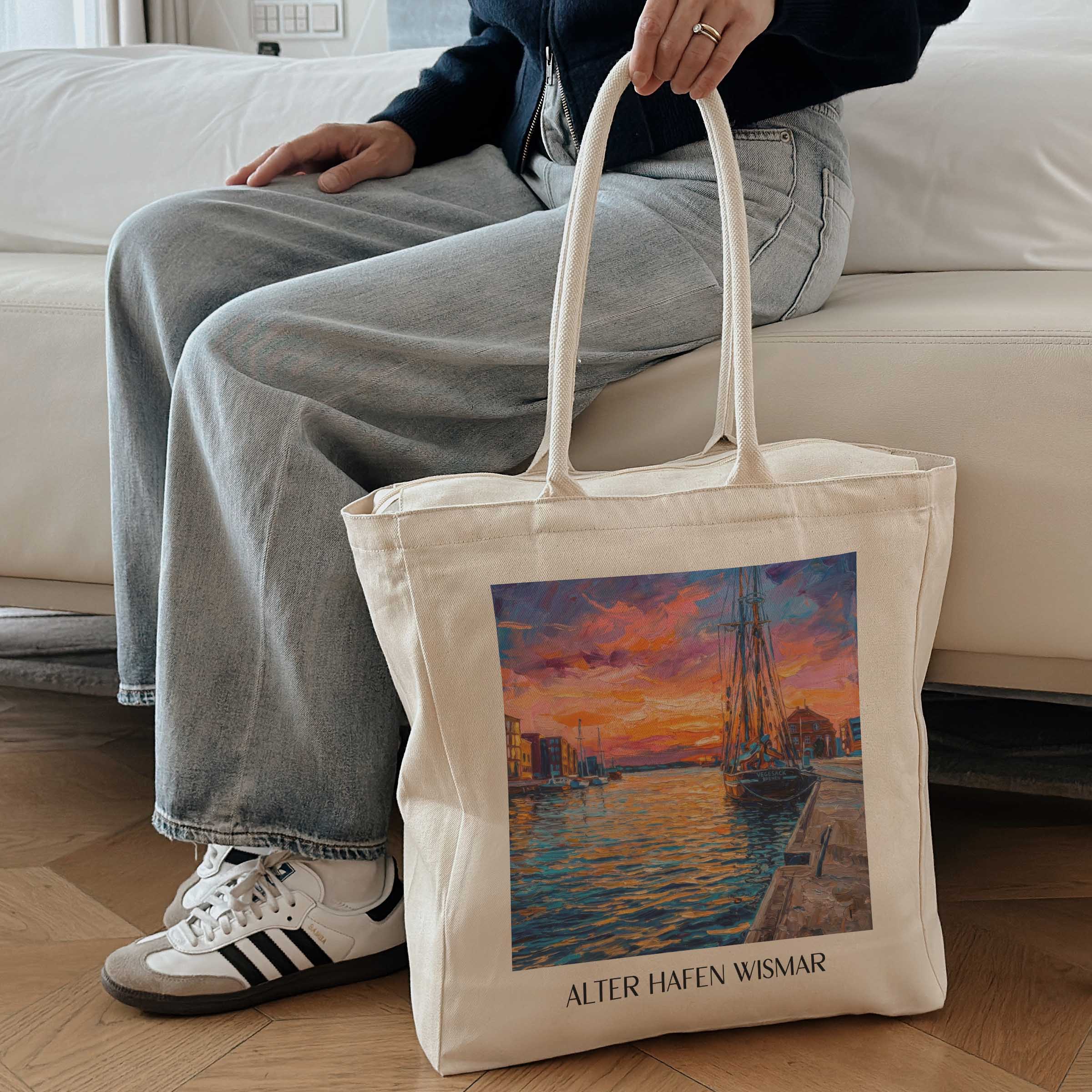 alter-hafen-wismar-deutschland-einkaufstasche-oil-painting-oelgemaelde
